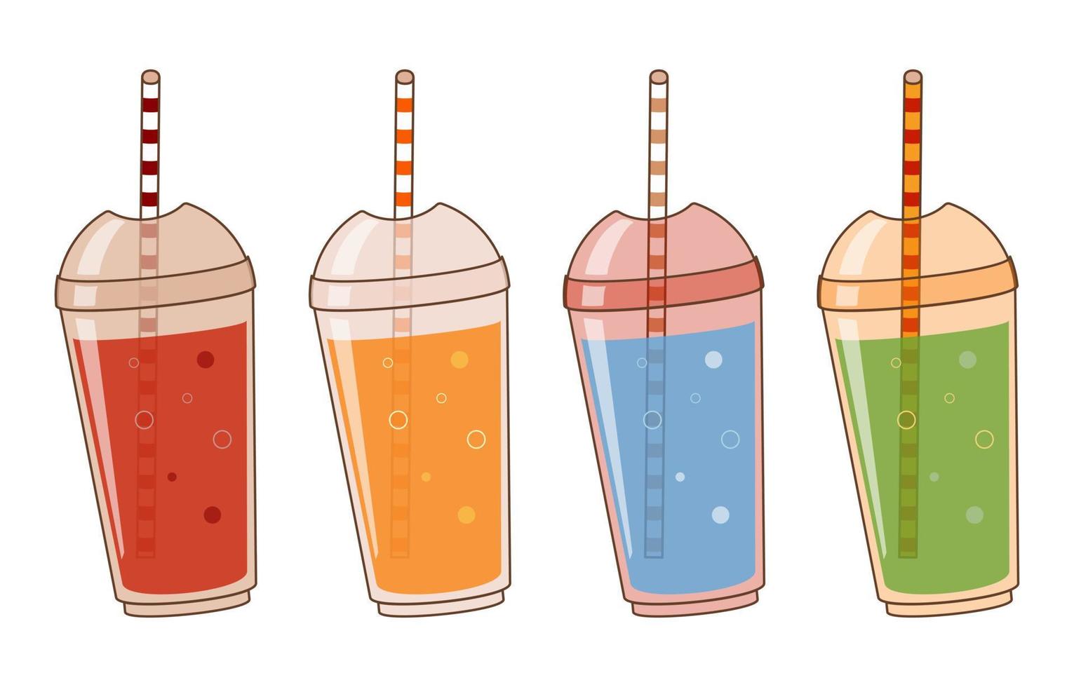 Delicious and fresh fruit cocktails in plastic cups with tubes. Vector illustration. Set with Fruit cocktails.