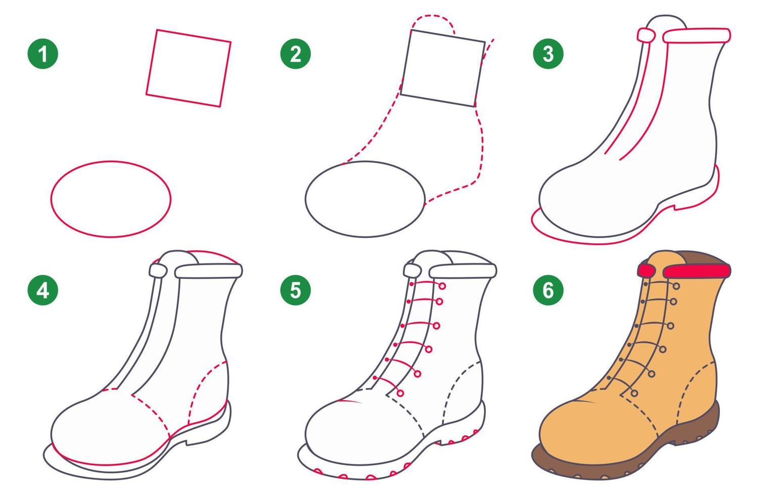 Instructions for drawing boot. Follow step by step for drawing boot. Worksheet for kid learning to draw boot. Game for child vector page. Scheme for drawing boot.