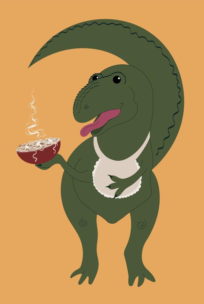 Tyrannosaurus rex standing with a bowl of noodles. Vector illustration