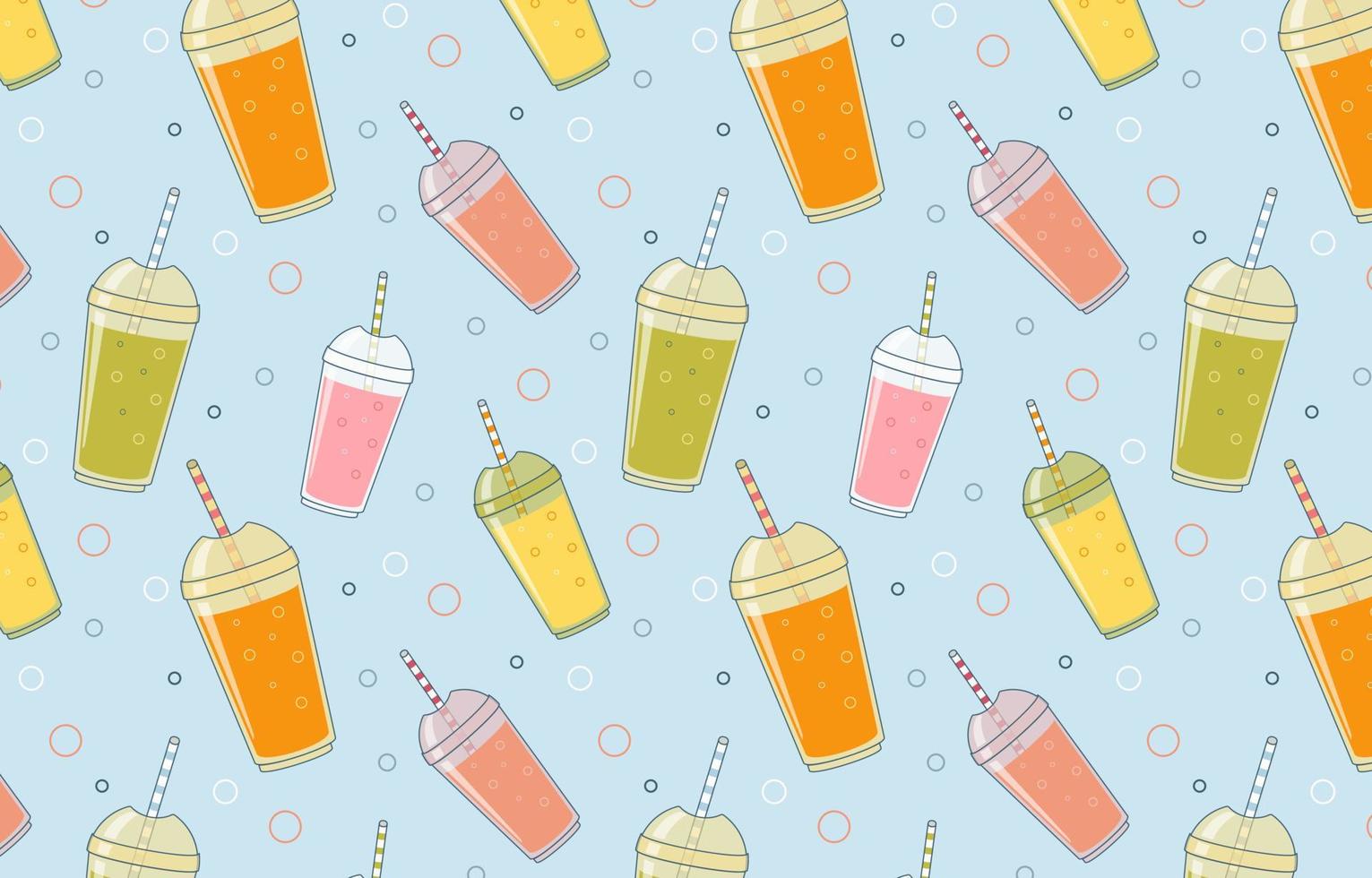 Pattern with fruit cocktails. Delicious and fresh fruit cocktails in plastic cups with tubes. Vector illustration.