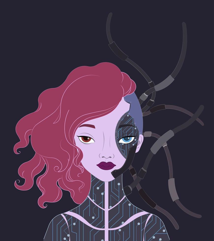 Beautiful pink-haired cyborg woman with cables. Cyber-punk illustration. Print. Vector illustration