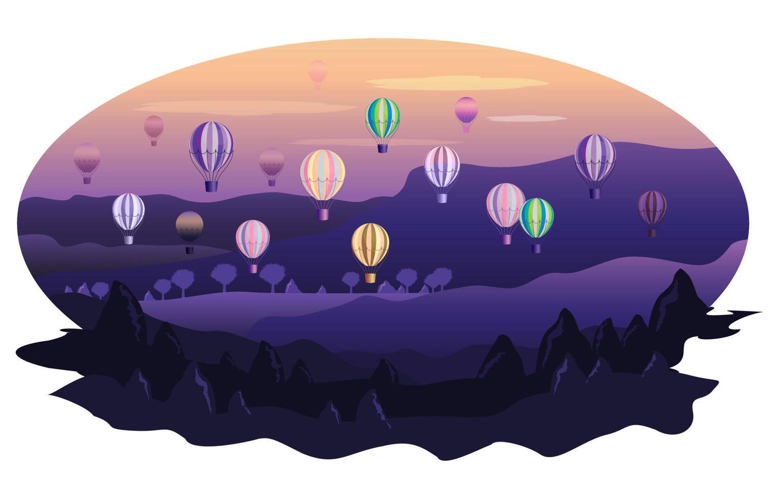 Bright balloons in cappadocia at sunrise. Cartoon bright balloons in Cappadocia at sunrise for decoration design. Vector postcard. Vector illustration