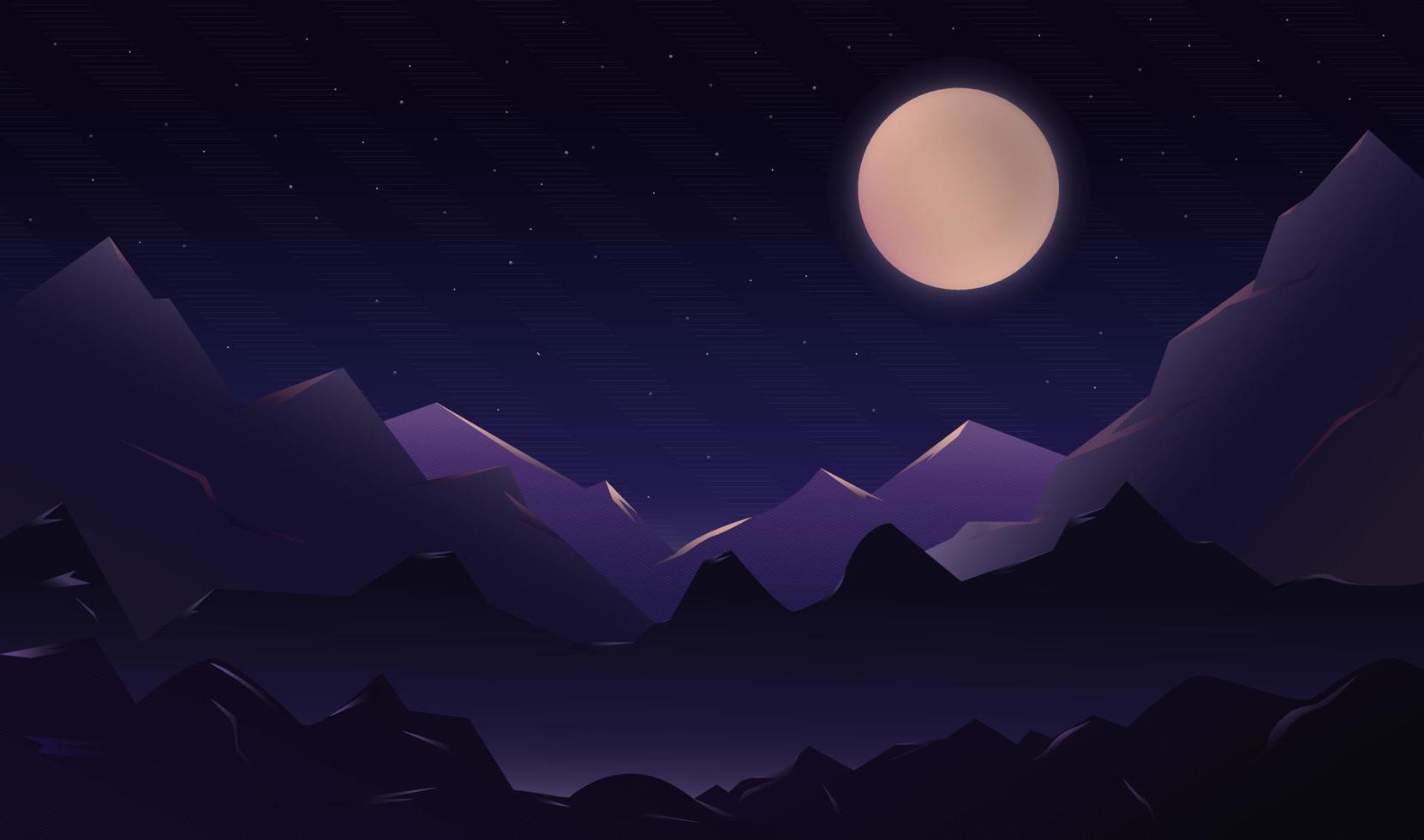 Beautiful night landscape with full moon and mountains. Vector illustration