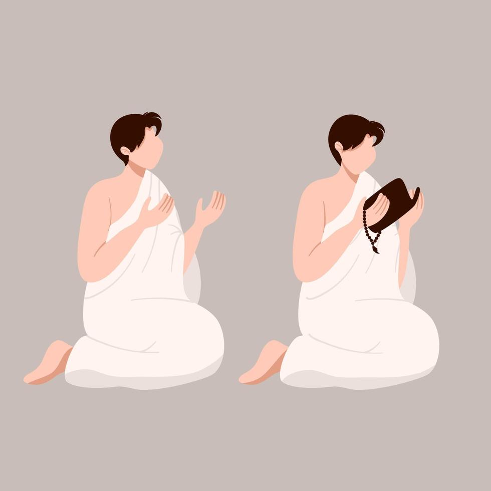 personaje musulmán plano vistiendo ihram en peregrinación hajj vector