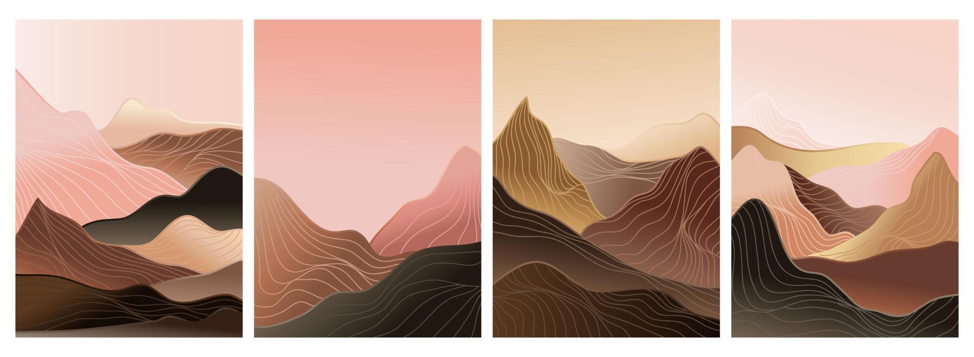 set of creative minimalist modern line art print. Abstract contemporary aesthetic backgrounds landscapes. with mountain, desert, sea, skyline, wave. vector illustrations