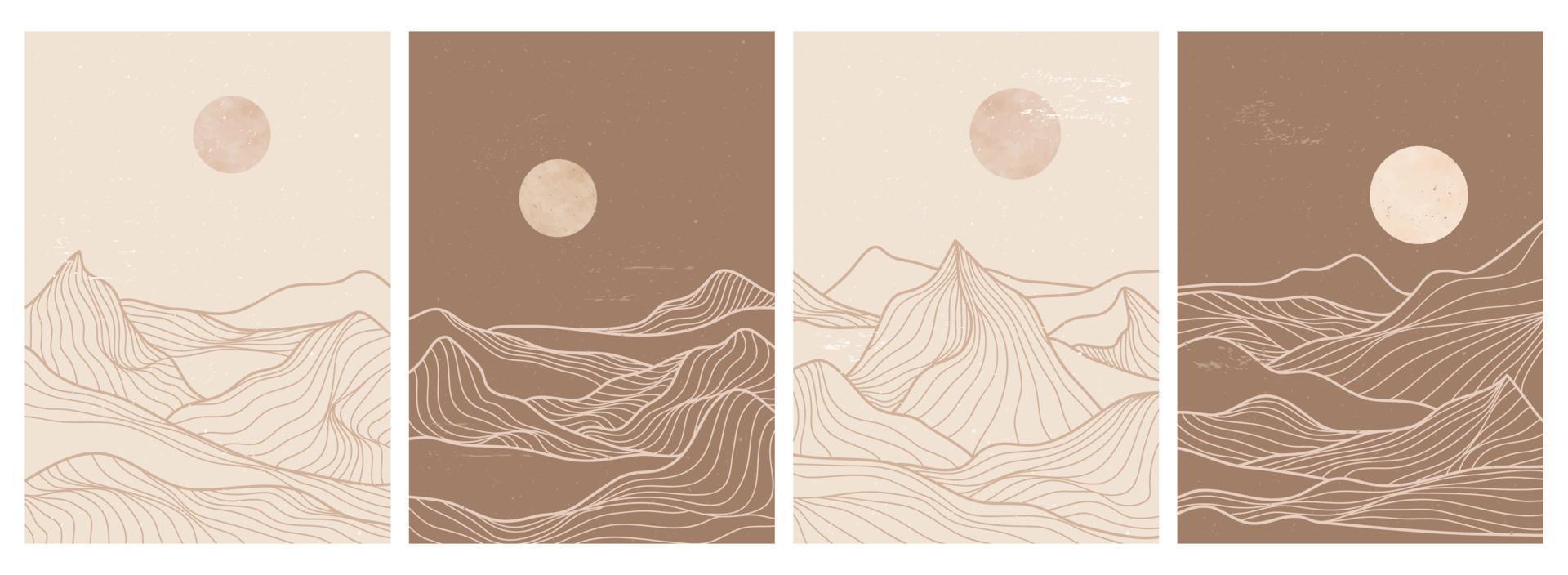 Creative minimalist modern line art print on set. Abstract mountain contemporary aesthetic backgrounds landscapes. with mountain, moonlight, skyline and wave. vector illustrations