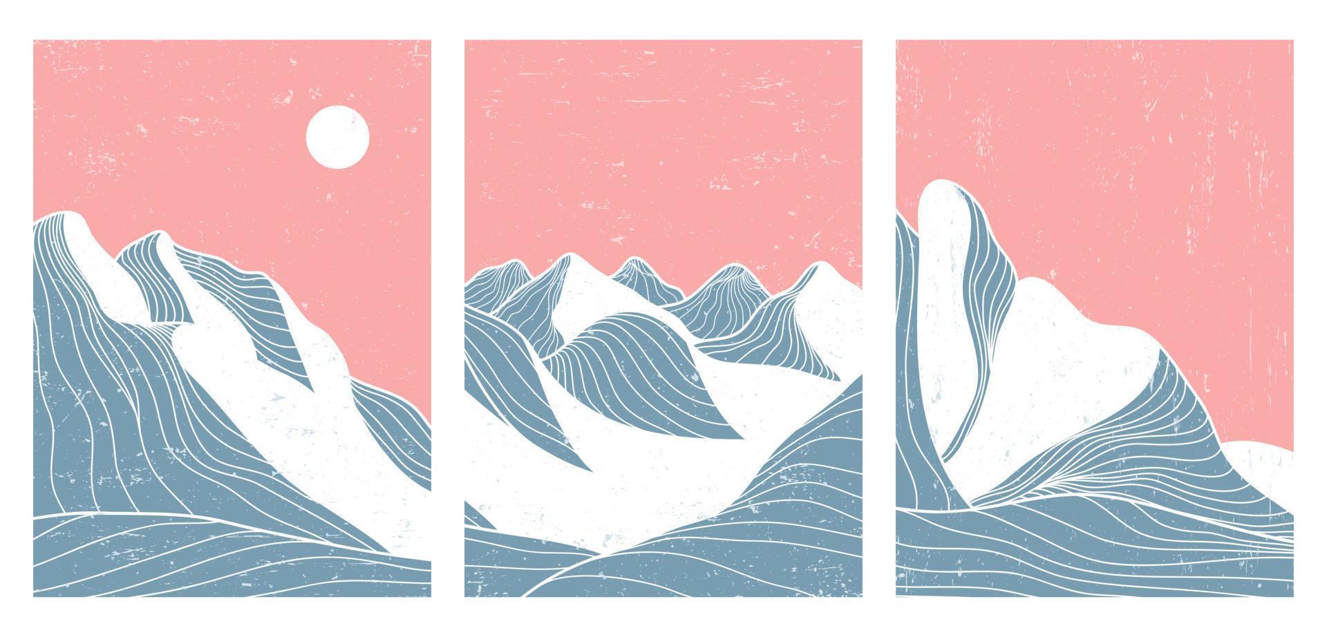 arte lineal de montaña. impresión de arte minimalista moderno de mediados de siglo. fondos estéticos contemporáneos abstractos paisajes. ilustración vectorial vector