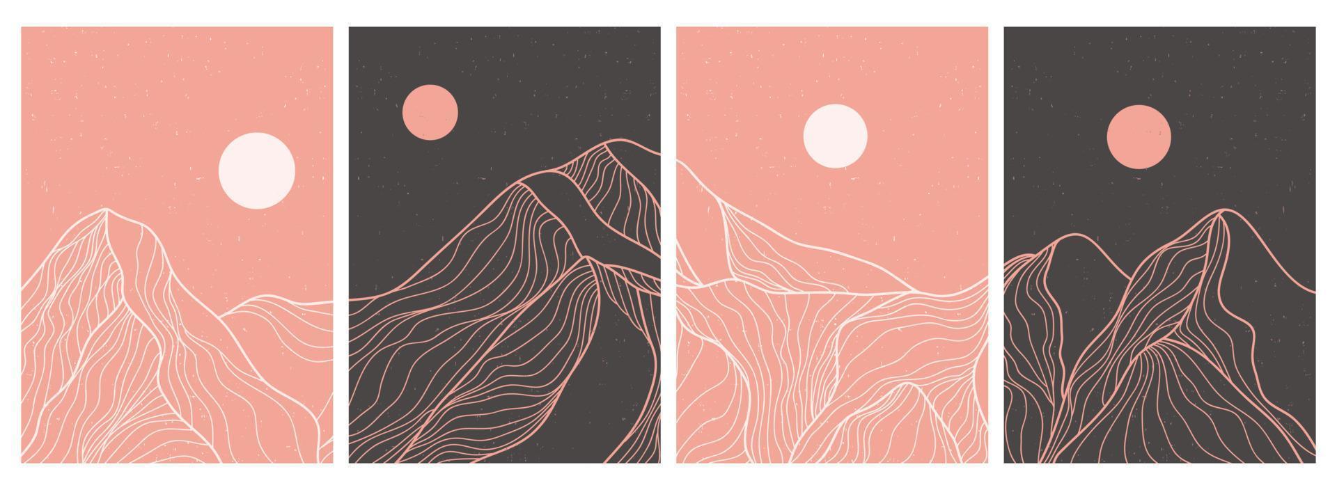 Creative minimalist modern line art print on set. Abstract mountain contemporary aesthetic backgrounds landscapes. with mountain, moonlight, skyline and wave. vector illustrations