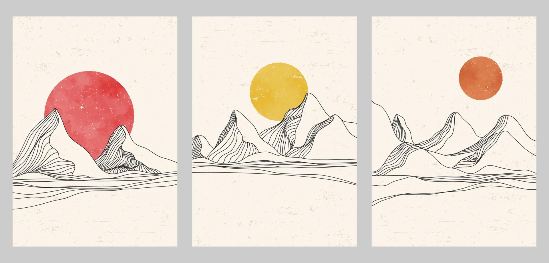 conjunto de tres dibujo de montaña y línea de puesta de sol. fondos estéticos contemporáneos abstractos paisajes. ilustraciones vectoriales vector