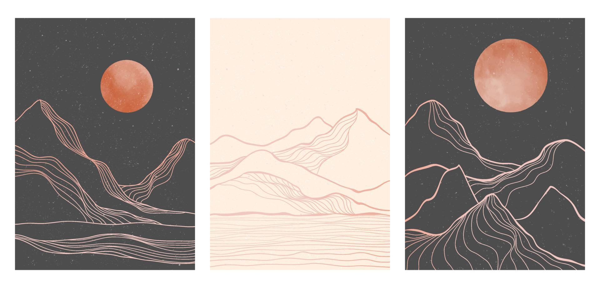 Creative minimalist modern line art print on set. Abstract mountain contemporary aesthetic backgrounds landscapes. with mountain, moonlight, skyline and wave. vector illustrations