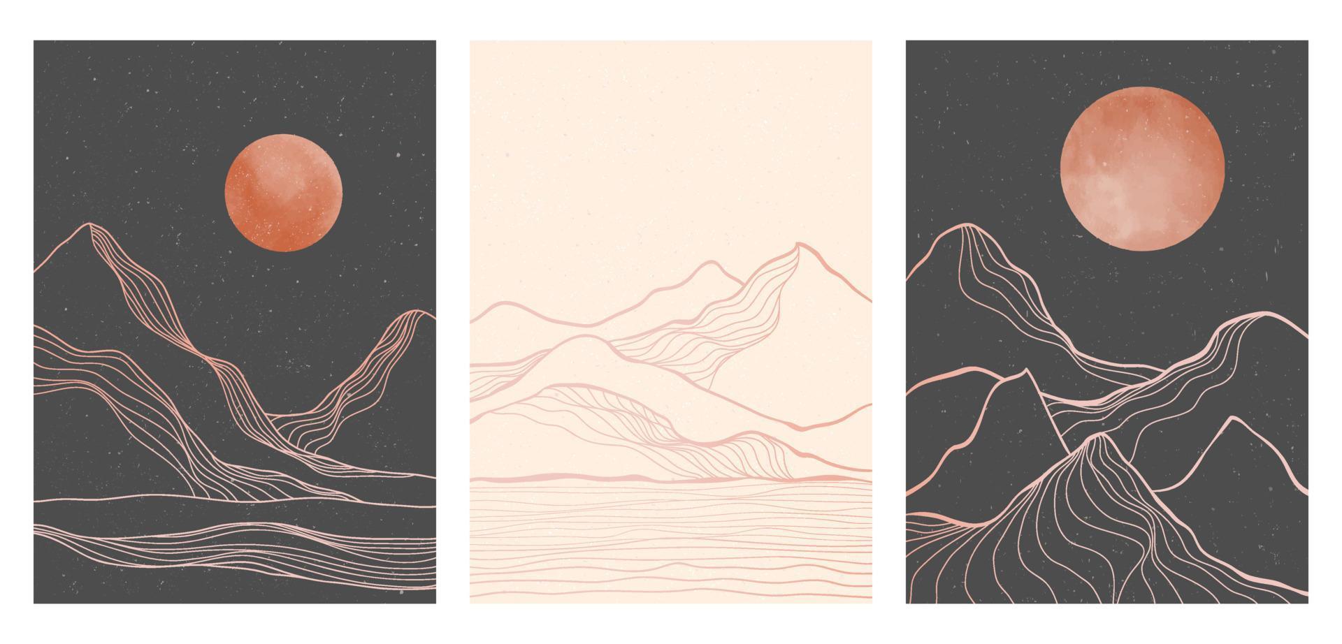 impresión de arte de línea moderna minimalista creativa en el set. abstracto montaña contemporáneo estética fondos paisajes. con montaña, luz de luna, horizonte y ola. ilustraciones vectoriales vector