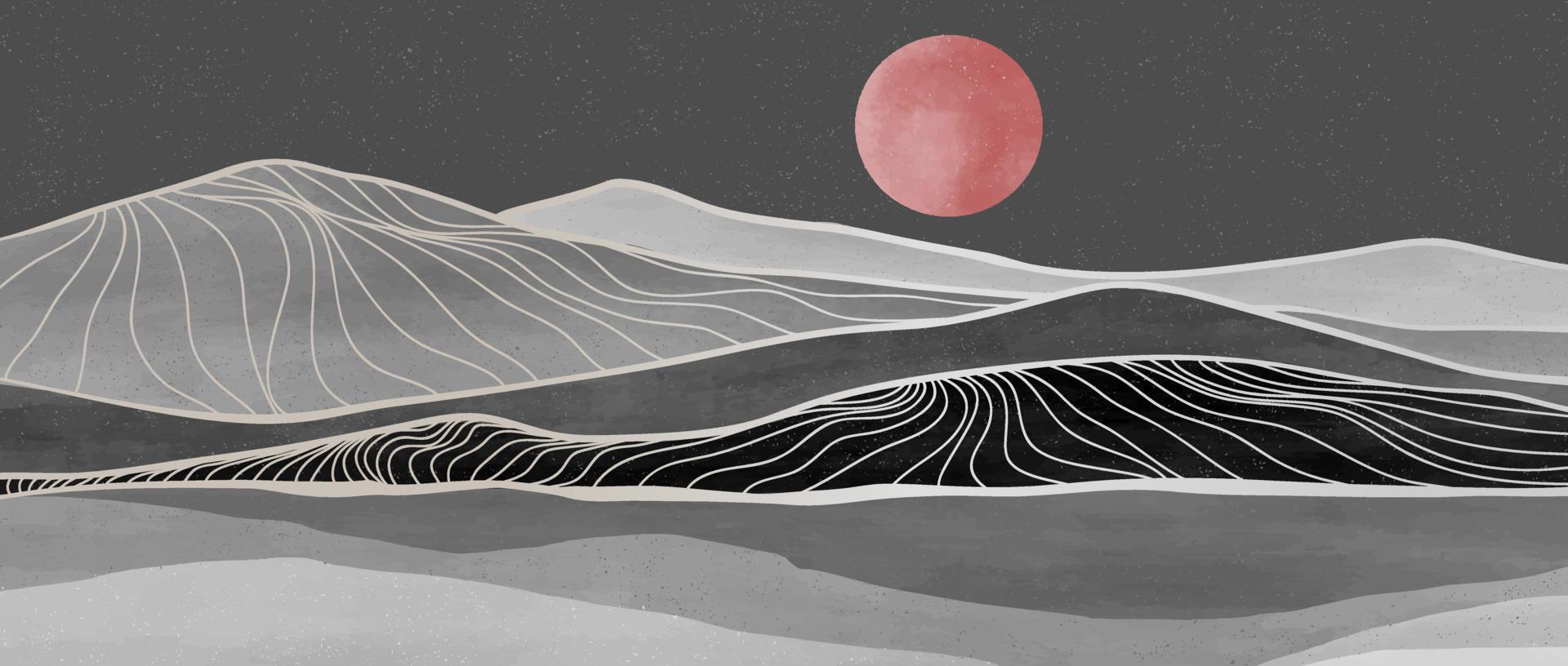 impresión de arte de línea de montaña moderna de mediados de siglo. fondos estéticos contemporáneos abstractos paisajes. ilustración en blanco y negro de montaña, luna y río vector