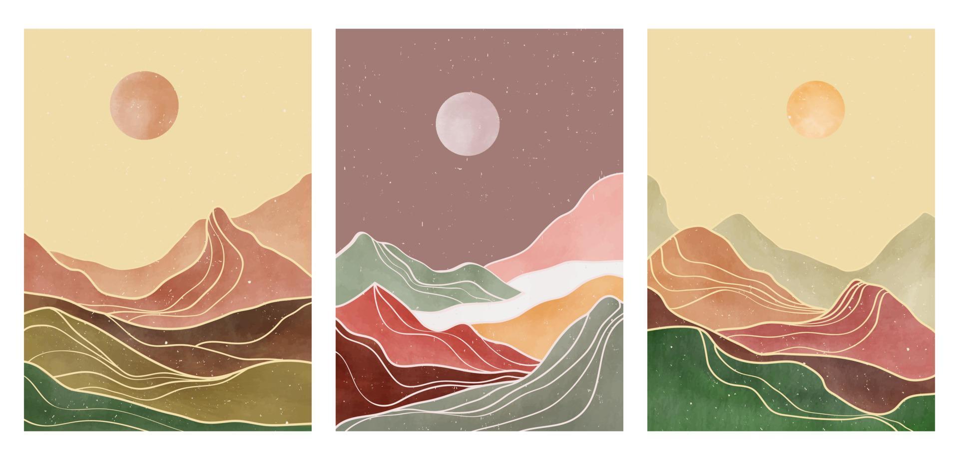 Mountain line art print with watercolor brush and gold line texture. wallpaper design for cover background. Abstract contemporary aesthetic backgrounds landscapes. vector illustrations