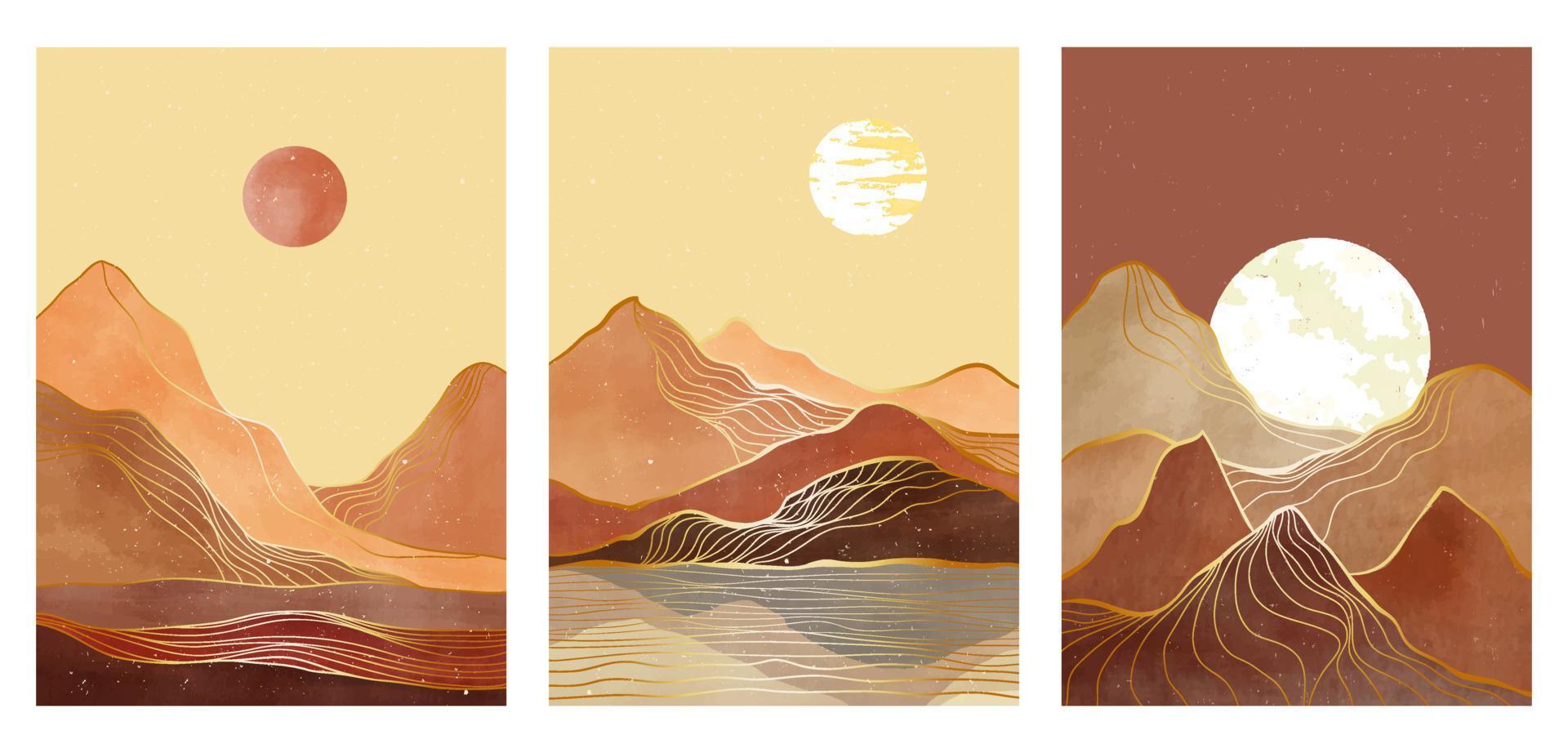 Impresión de arte moderno de montaña de mediados de siglo en el set. fondos estéticos contemporáneos abstractos paisajes. ilustración vectorial de montaña, mar, cielo, luna y sol vector