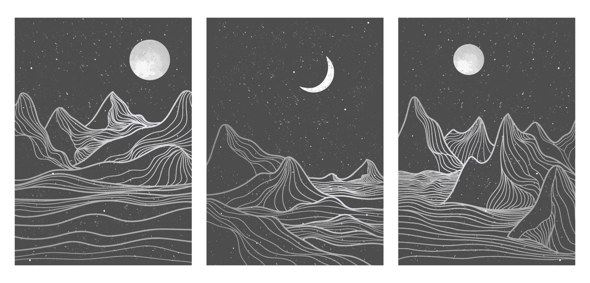Creative minimalist modern line art print on set. Abstract mountain contemporary aesthetic backgrounds landscapes. with mountain, moonlight, skyline and wave. vector illustrations