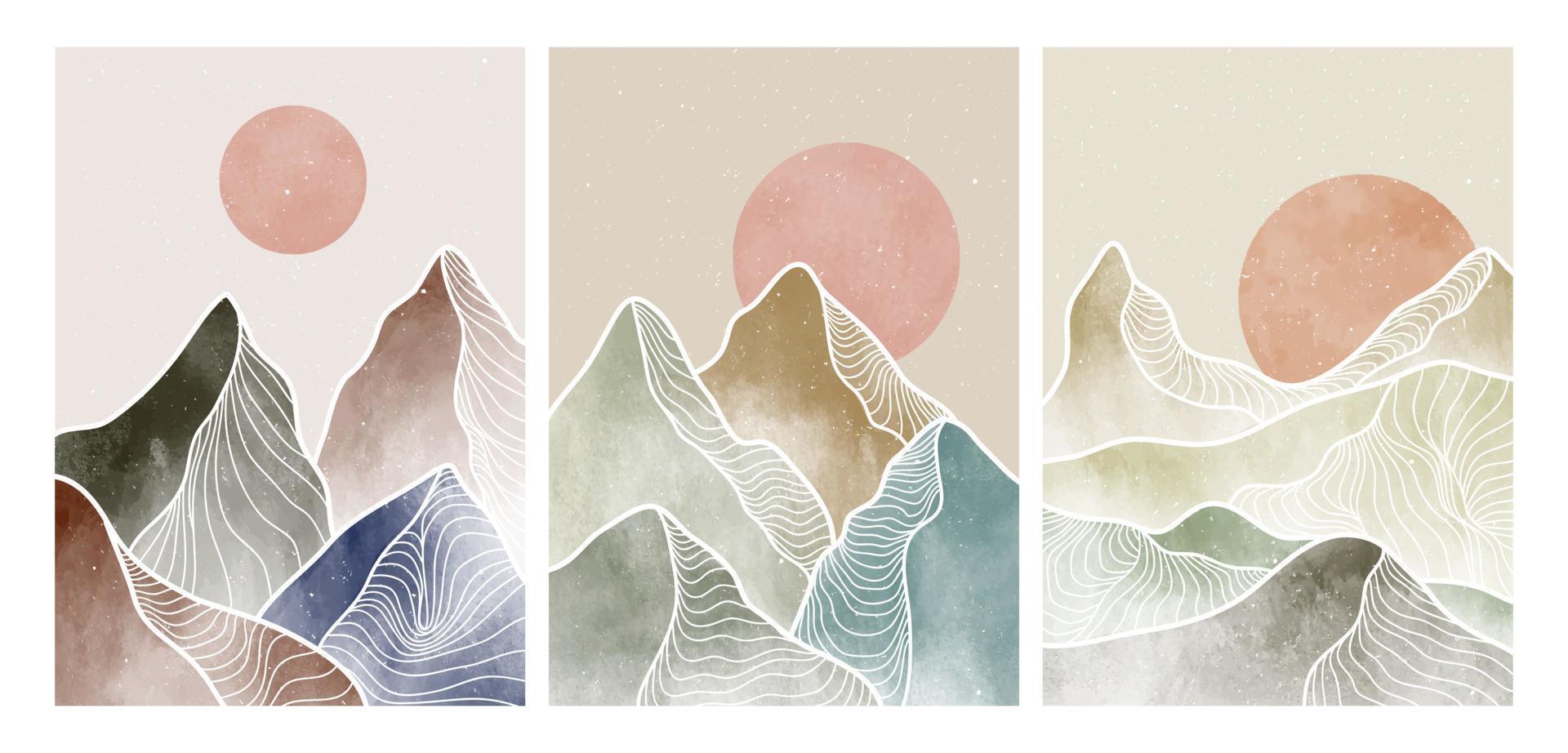 Abstract Landscape art Print set with Mountain and line art. Creative minimalist hand painted illustrations of Mid century modern. vector illustration