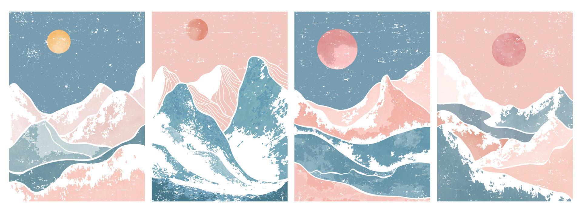 Mid century modern minimalist art print on set. Abstract mountain contemporary aesthetic backgrounds landscapes. vector illustrations