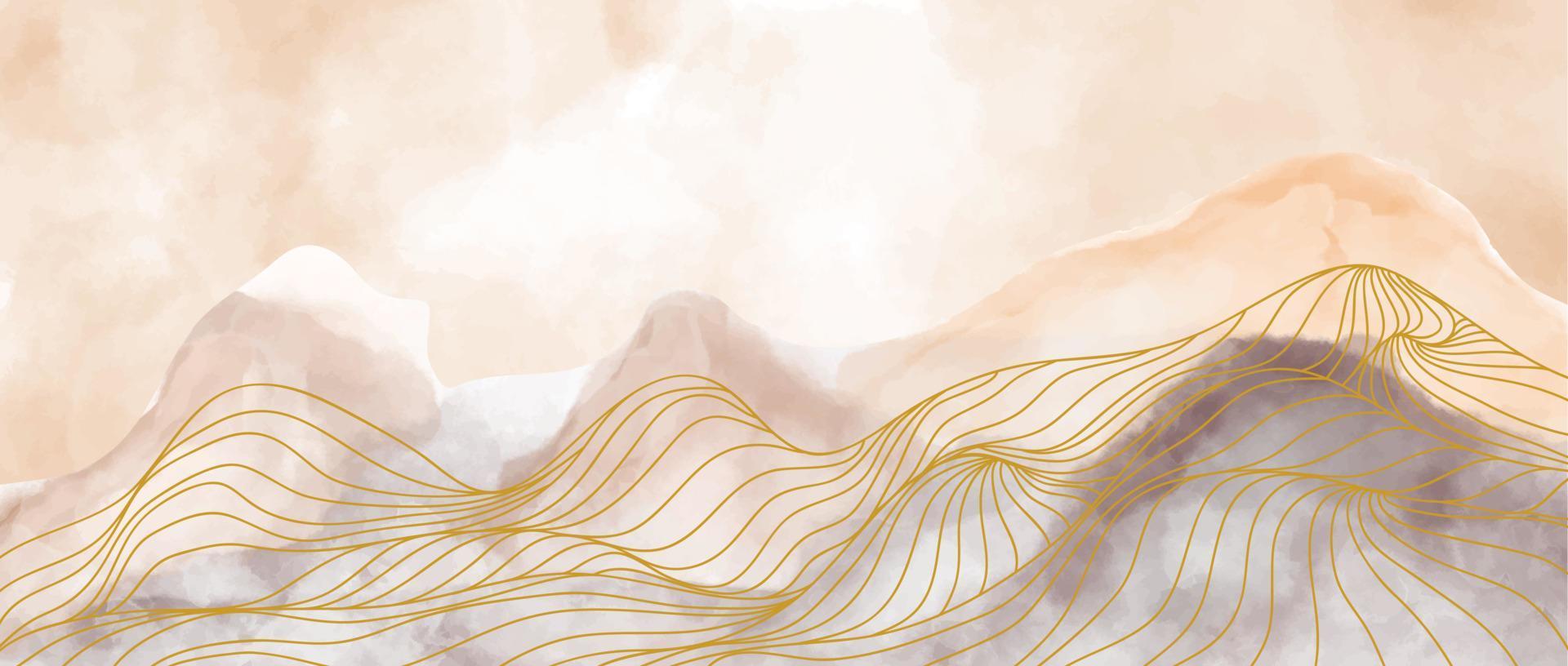 impresión de arte de línea de montaña con pincel de acuarela y textura de línea dorada. diseño de papel tapiz para fondo de portada. fondos estéticos contemporáneos abstractos paisajes. ilustraciones vectoriales vector