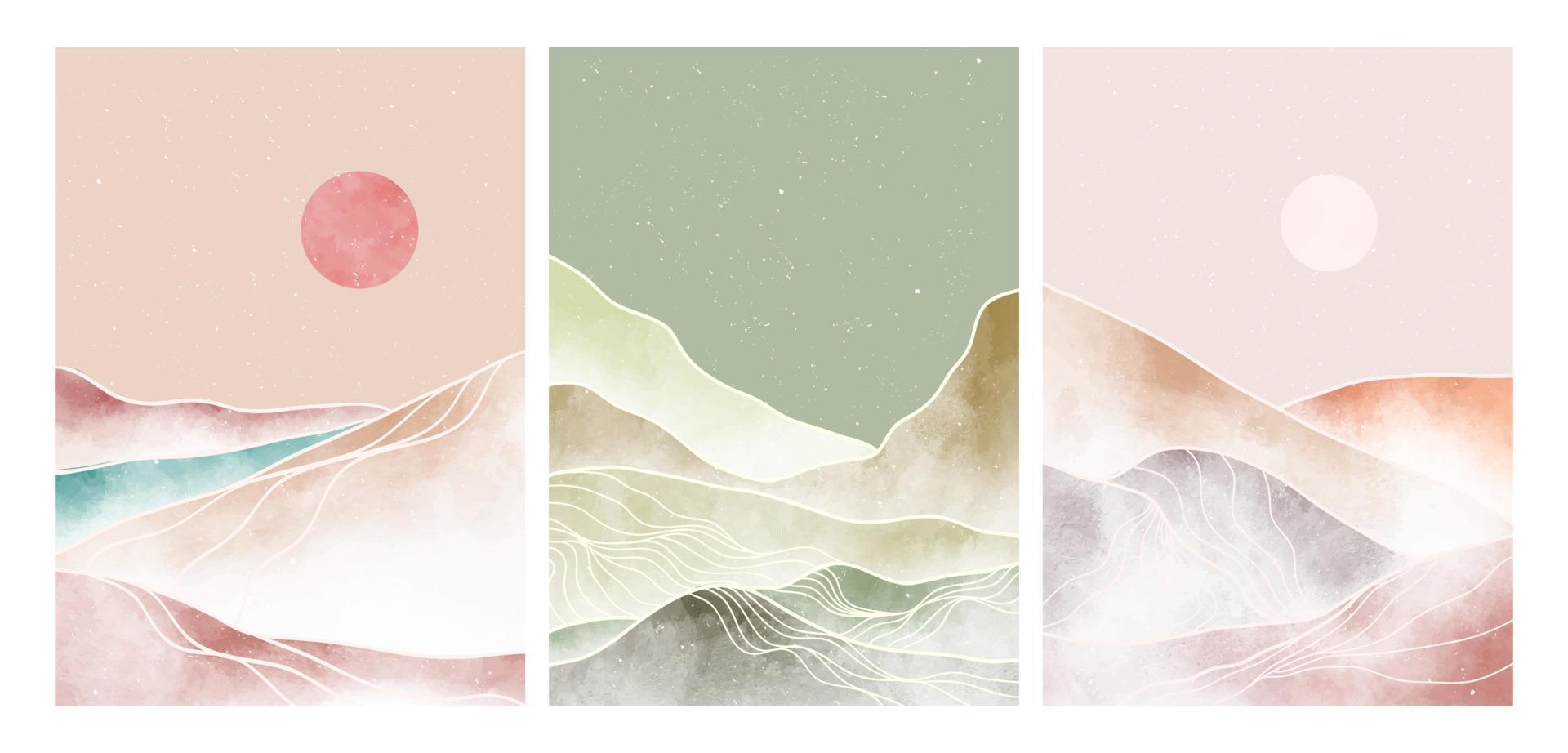 Abstract Landscape art Print set with Mountain and line art. Creative minimalist hand painted illustrations of Mid century modern. vector illustration