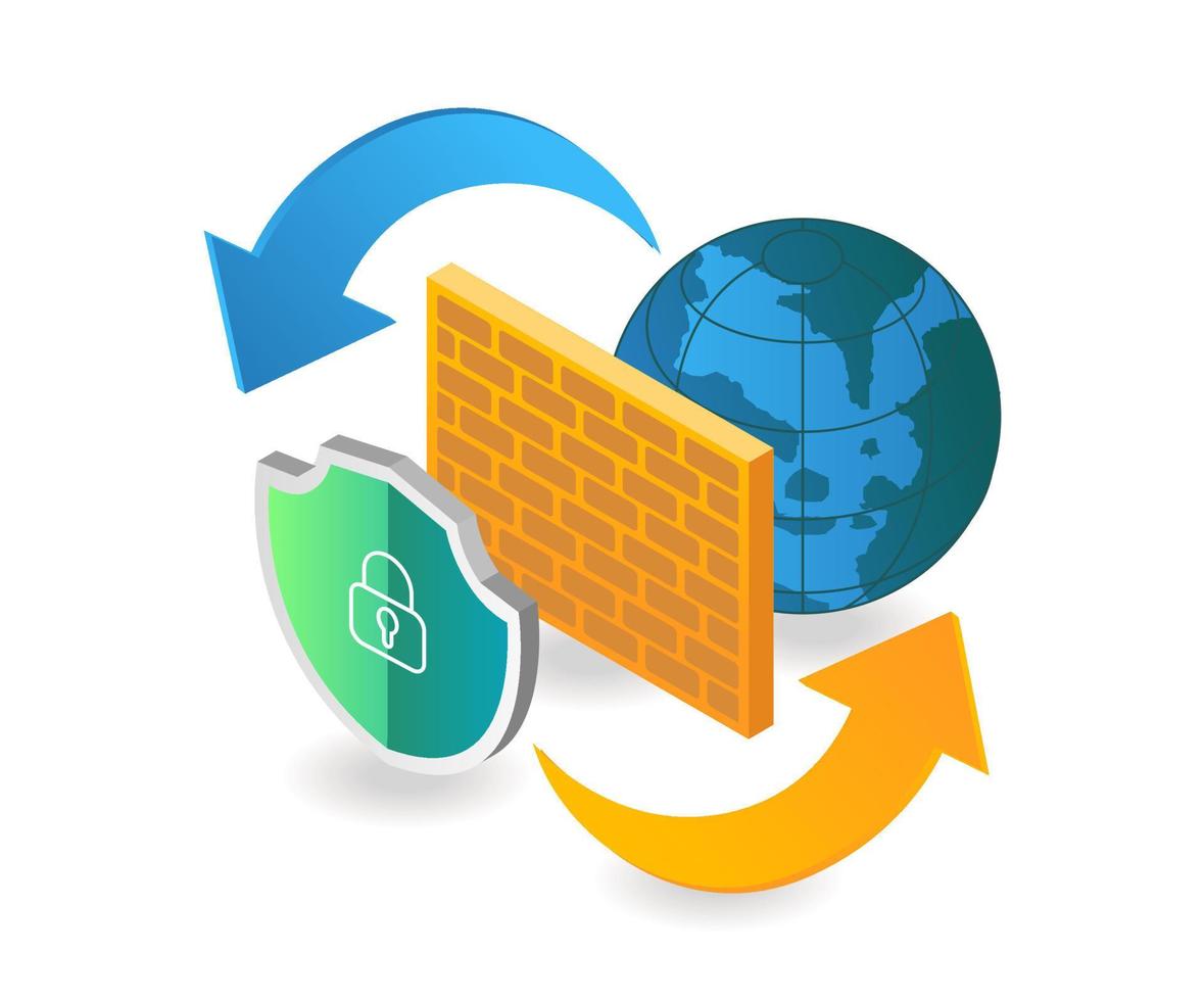 concepto de ilustración isométrica plana. muro de seguridad de internet vector