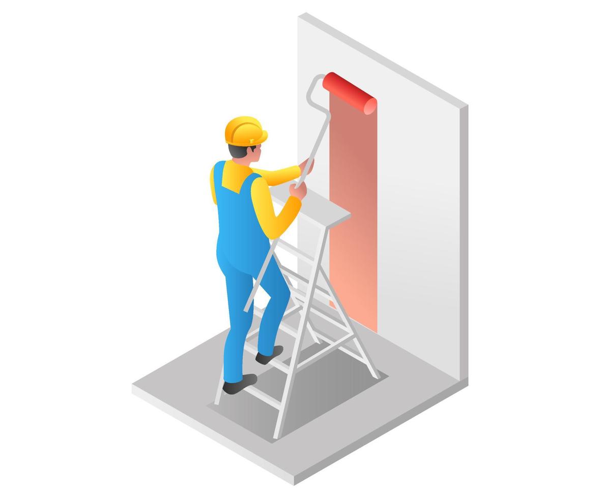 Flat isometric illustration concept. man painting the wall vector