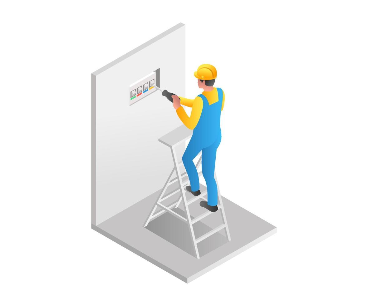 Flat isometric illustration concept. man plugging in an electric socket vector