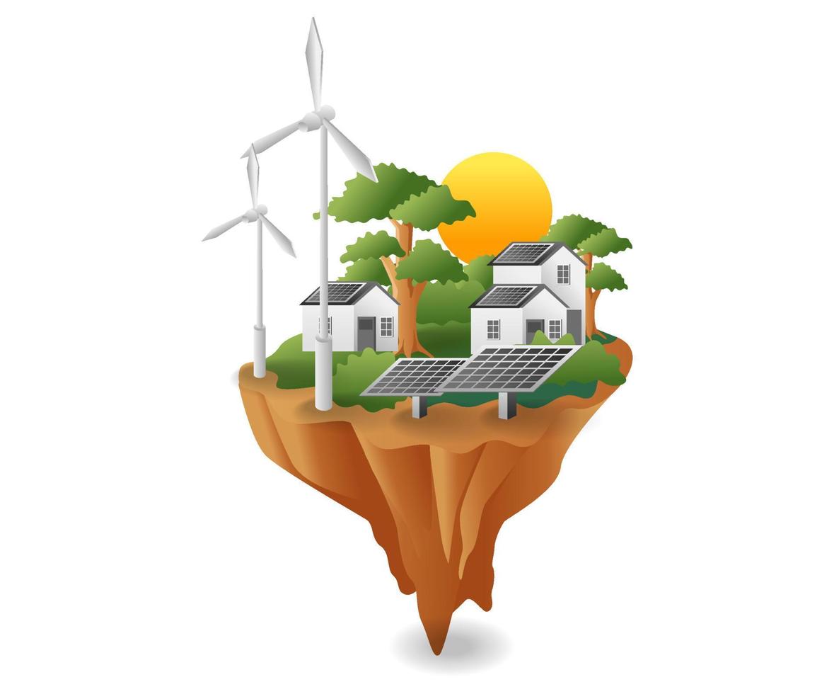 flat isometric illustration concept. green land with solar panel energy house and windmill vector