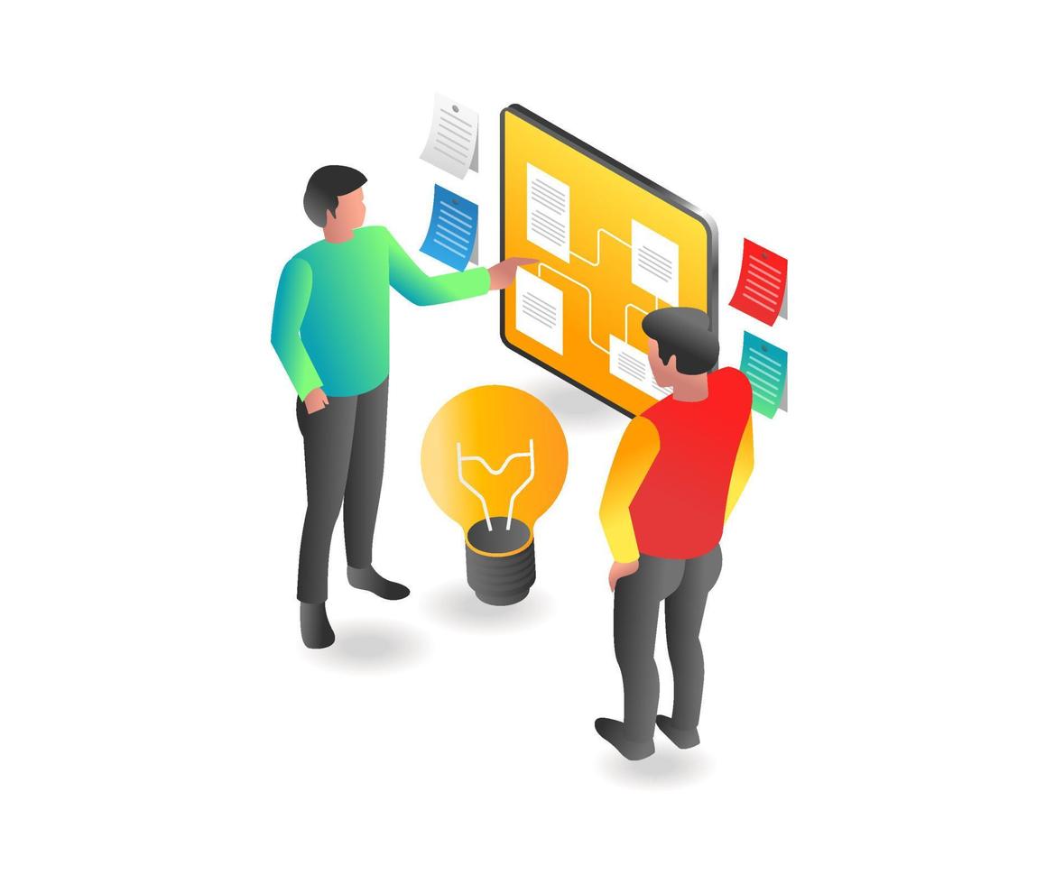 Flat isometric illustration concept. two men making plans on a business board vector