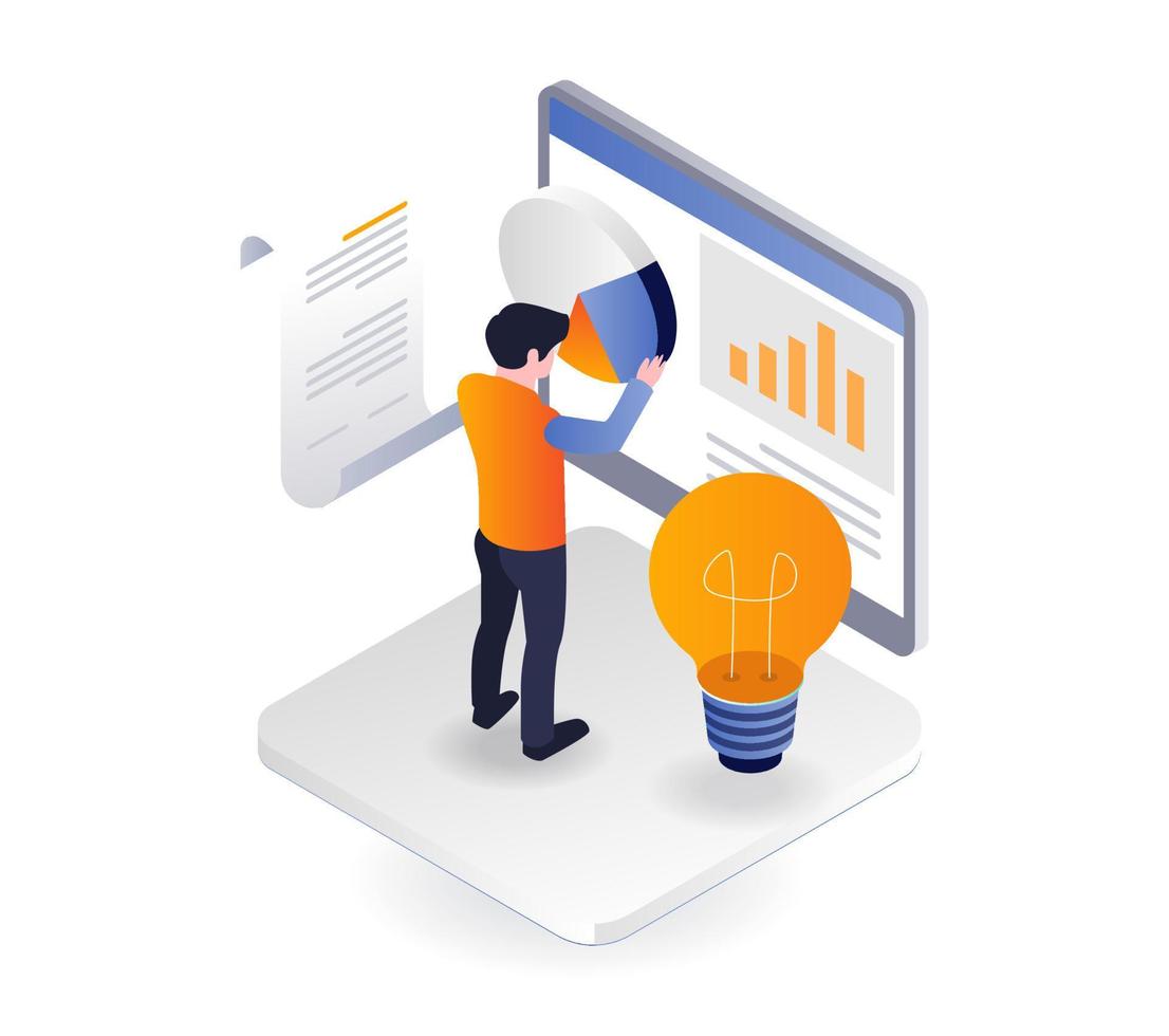 Flat isometric illustration concept. man putting pie chart on monitor vector