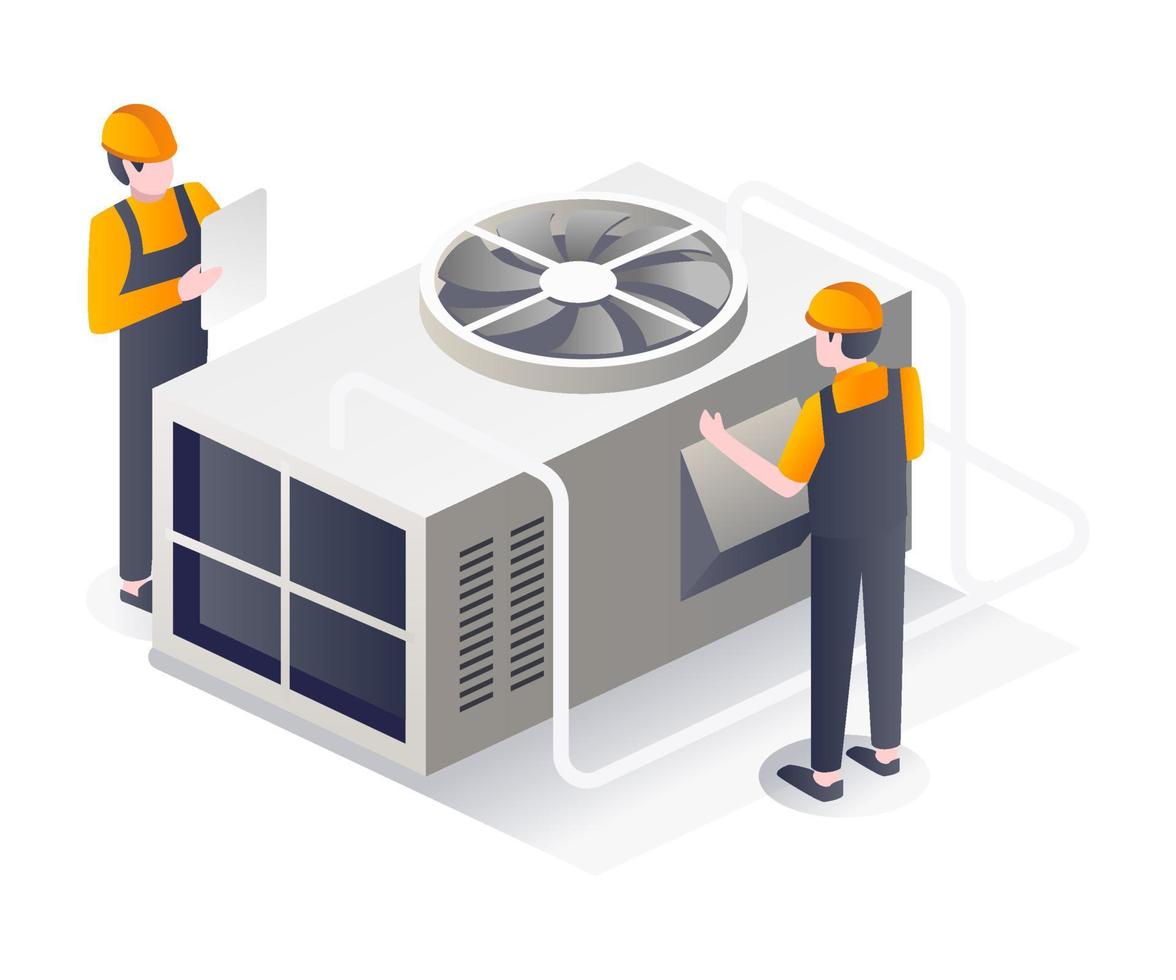 concepto de ilustración plana isométrica. dos hombres manteniendo un enfriador hvac vector