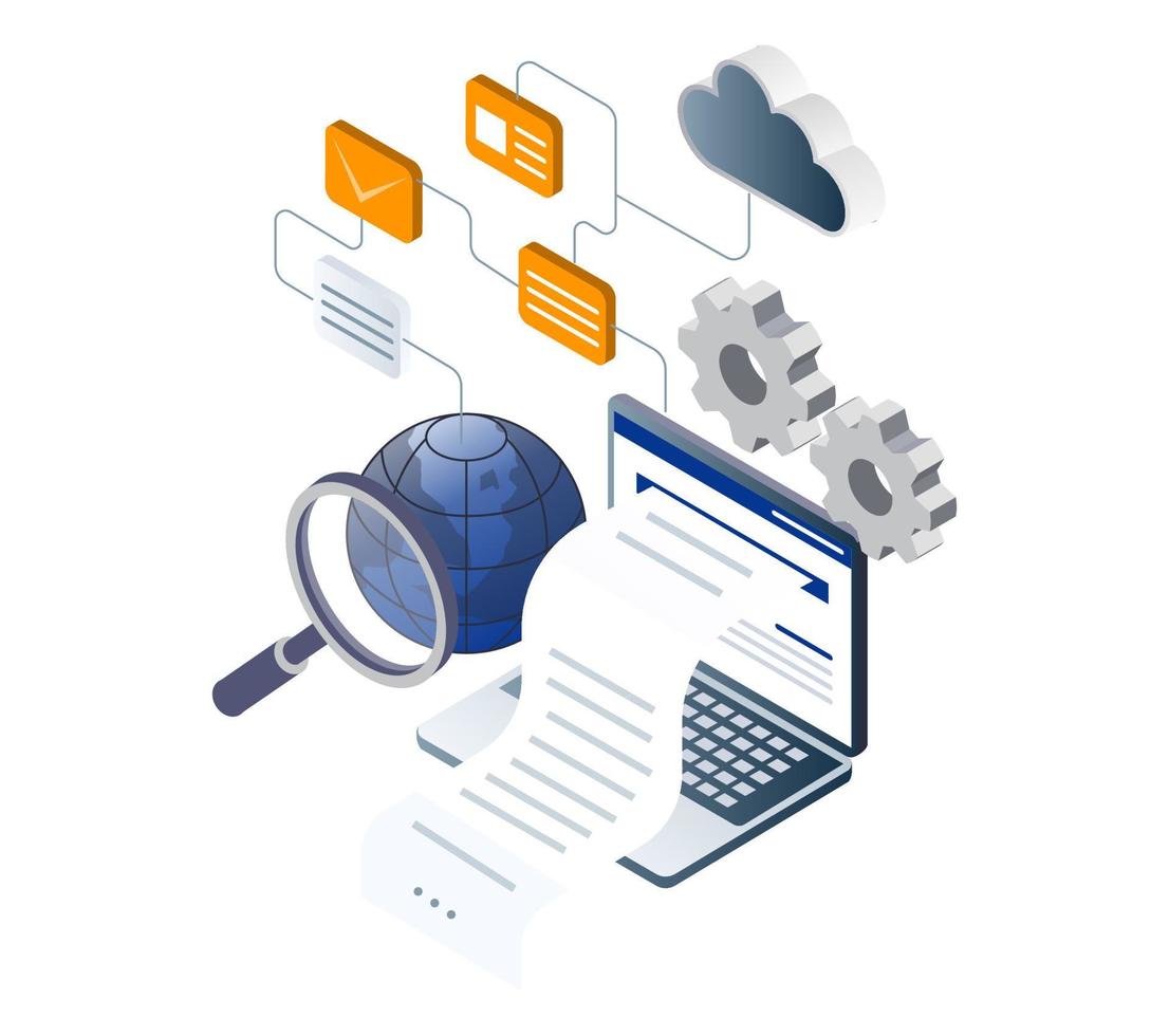 Flat isometric illustration concept. world data transfer process vector