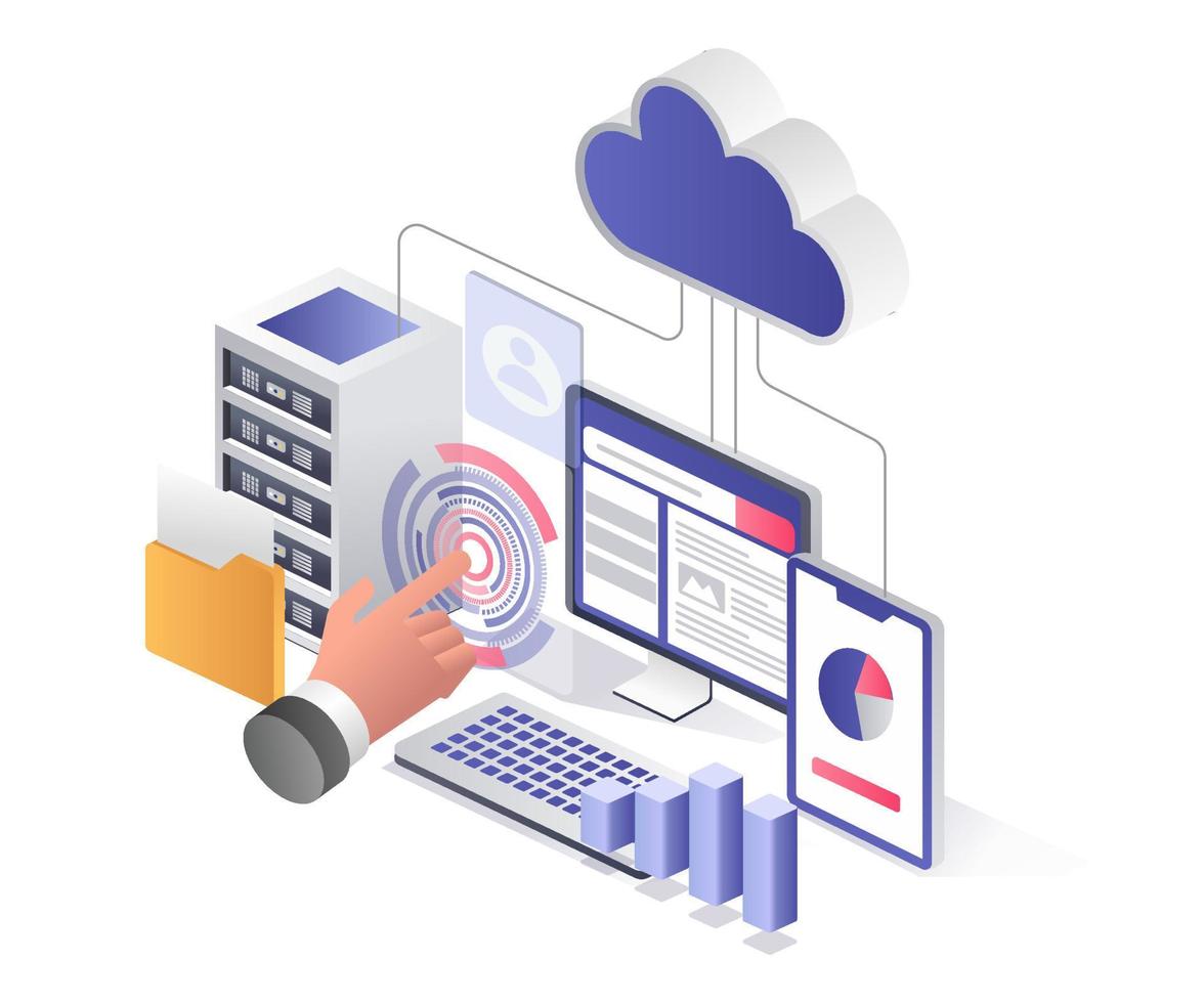 concepto de ilustración isométrica plana. control desarrollador web servidor en la nube análisis vector