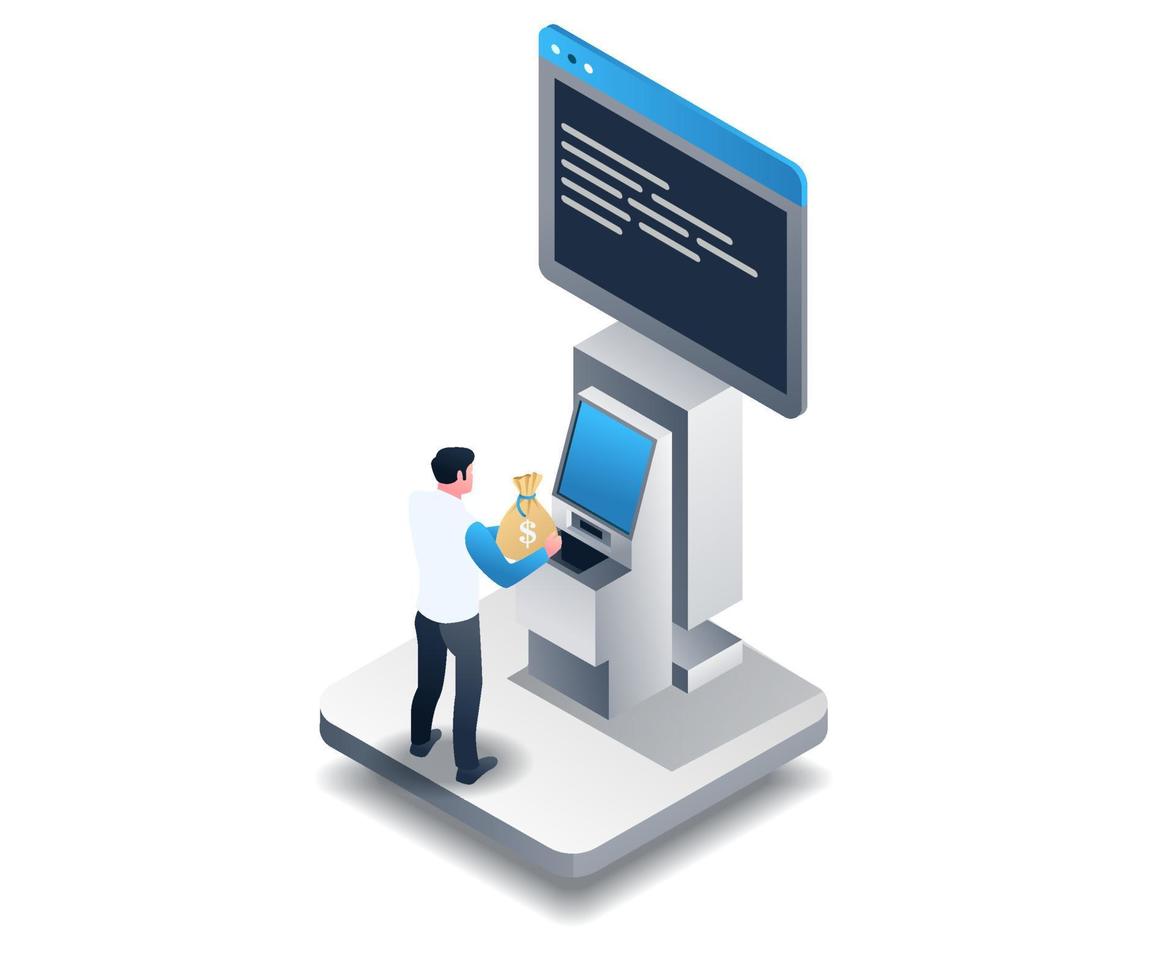 Flat isometric illustration concept. a man is depositing money in an atm machine vector