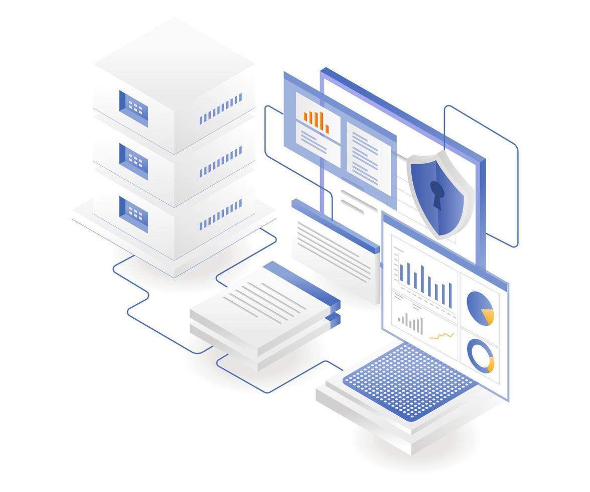 Flat isometric illustration concept. cloud server analysis data vector