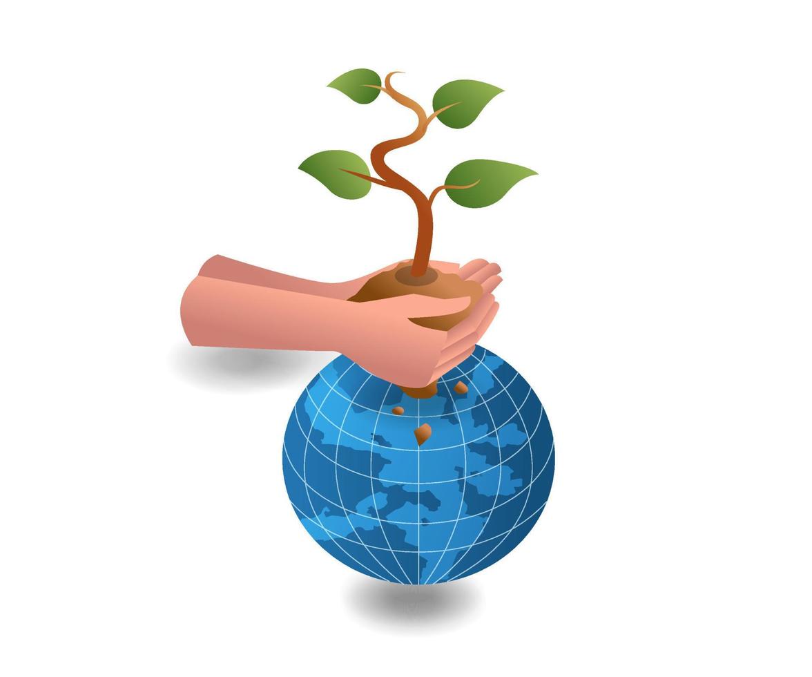 Flat isometric concept illustration. hands holding the ground with plants above the earth vector