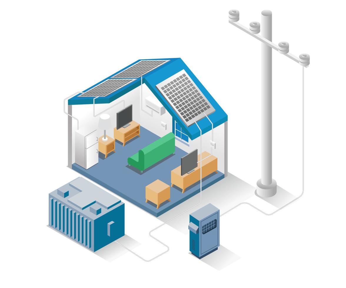 concepto de ilustración isométrica plana. casa inteligente con paneles solares y electricidad vector