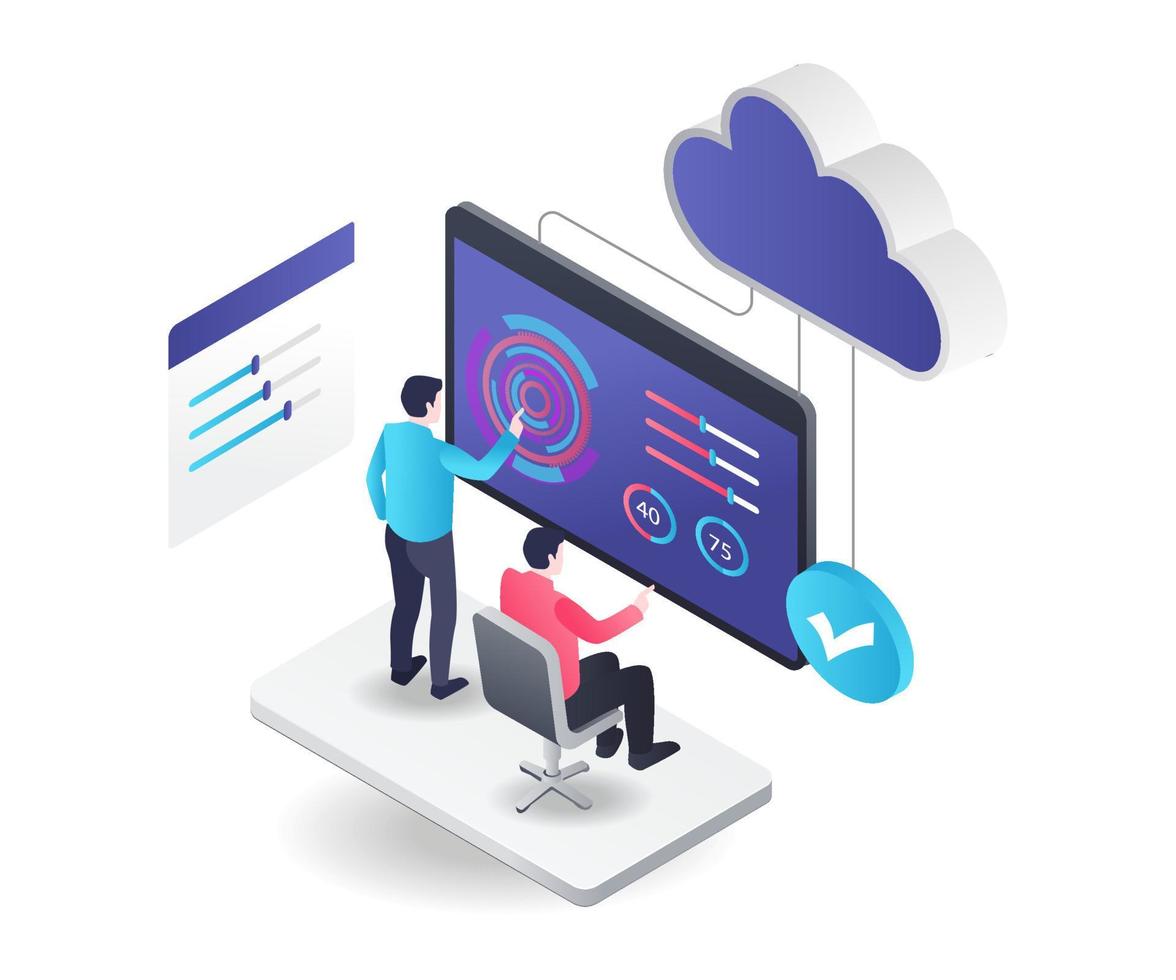 concepto de ilustración isométrica plana. dos personas controlan el servidor en la nube desde el monitor vector