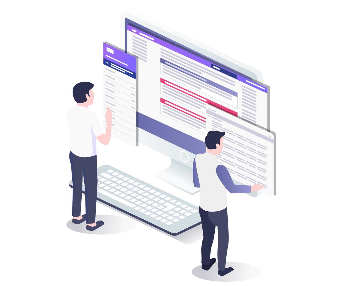 Flat isometric illustration concept. two men working analyzing data on a computer vector