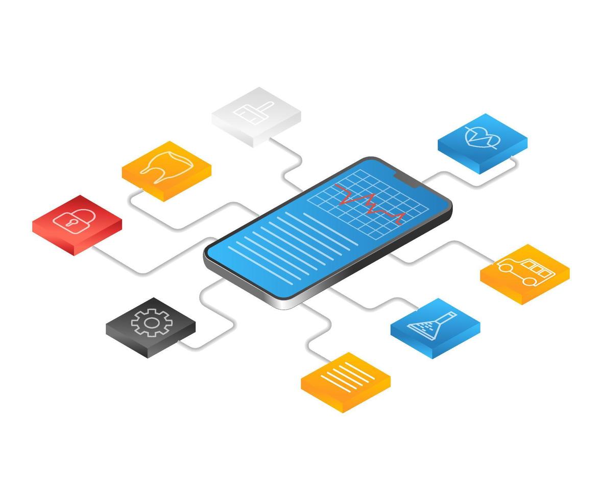 flat isometric illustration concept. family health benefit data analysis vector