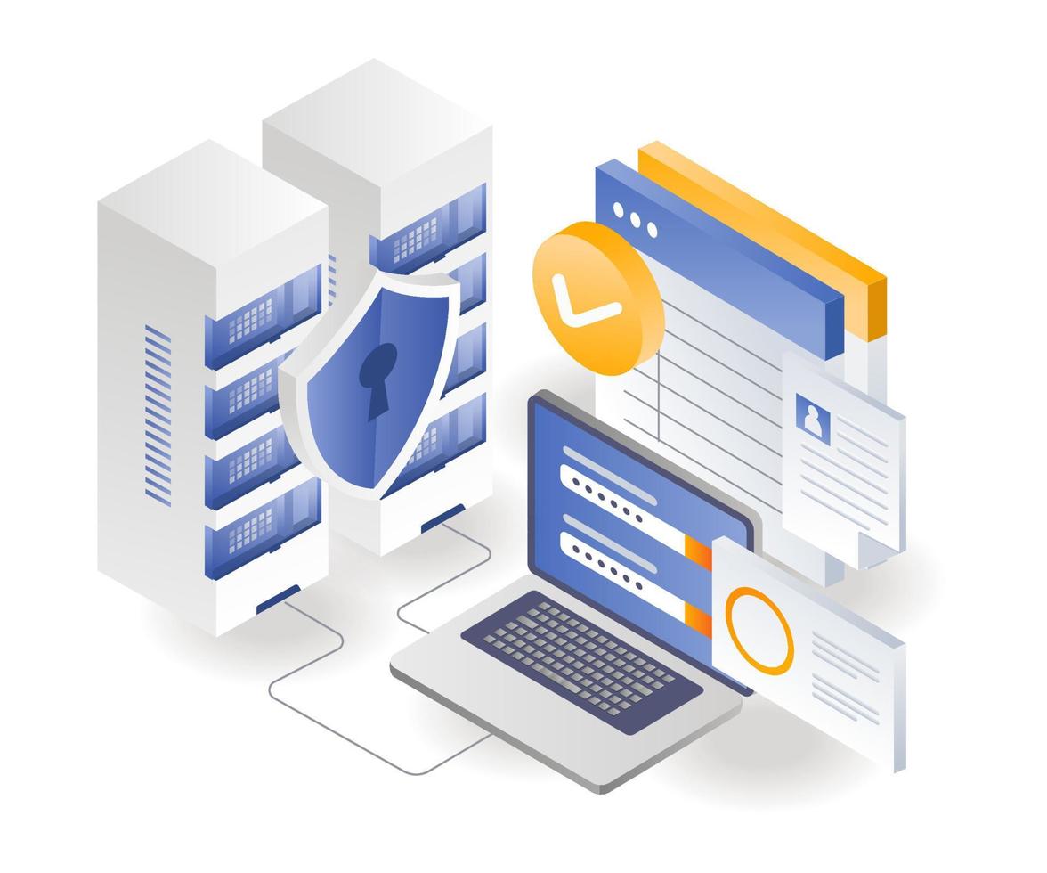 concepto de ilustración isométrica plana. almacenar datos en servidores seguros vector