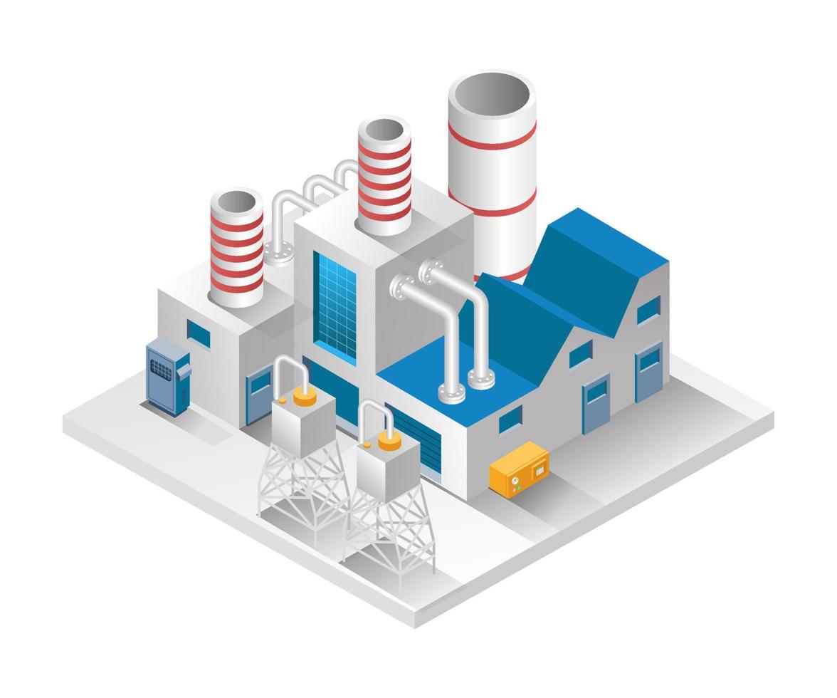 Flat isometric concept illustration. factory building with chimney and water reservoir vector