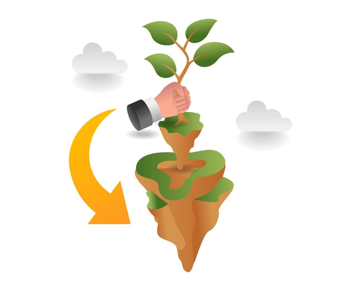 flat isometric illustration concept. hand holding a green tree vector