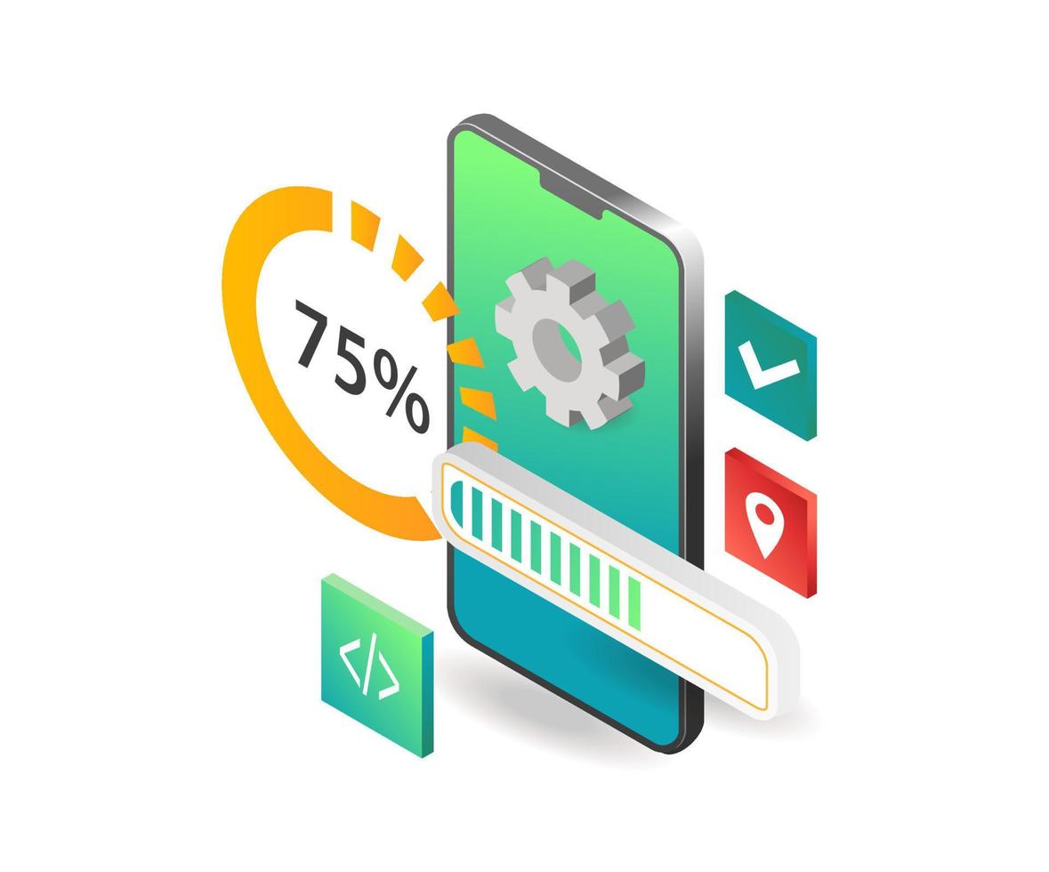 flat isometric illustration concept. process update app vector