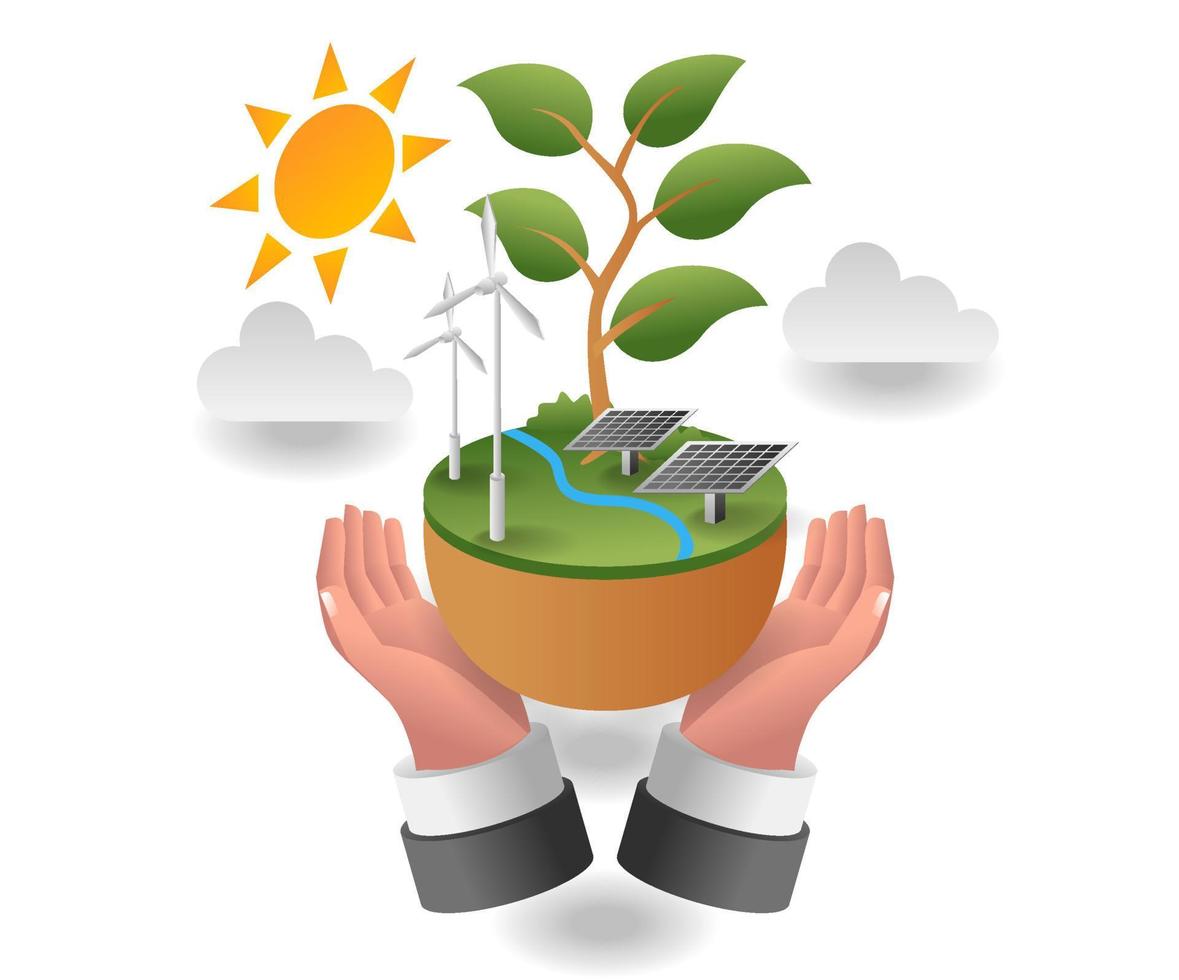 Flat isometric concept illustration. eco green on hand and solar panel vector