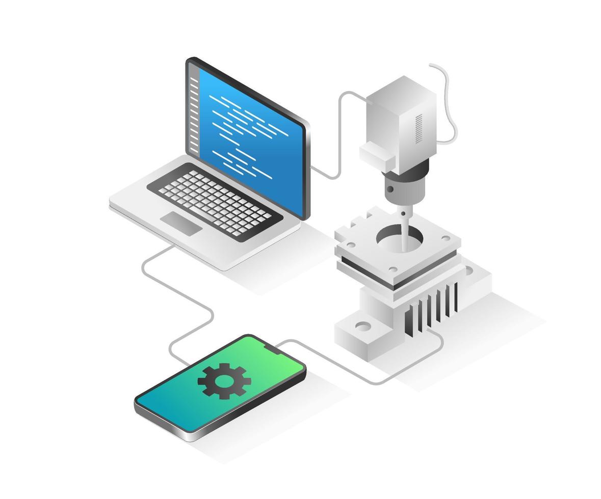 Flat isometric illustration concept. computer and smartphone control cnc milling machine head vector