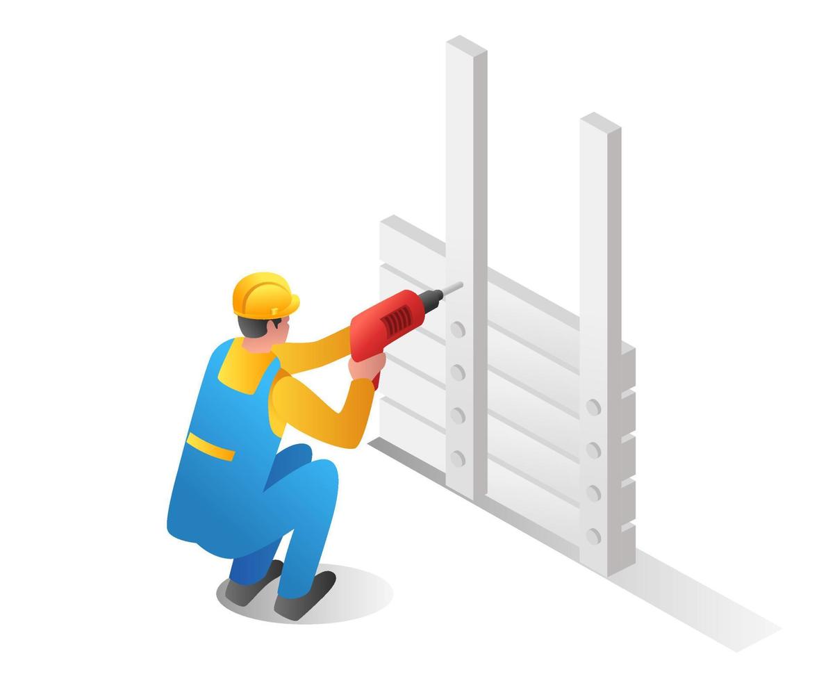 Flat isometric illustration concept. man drilling iron pole vector