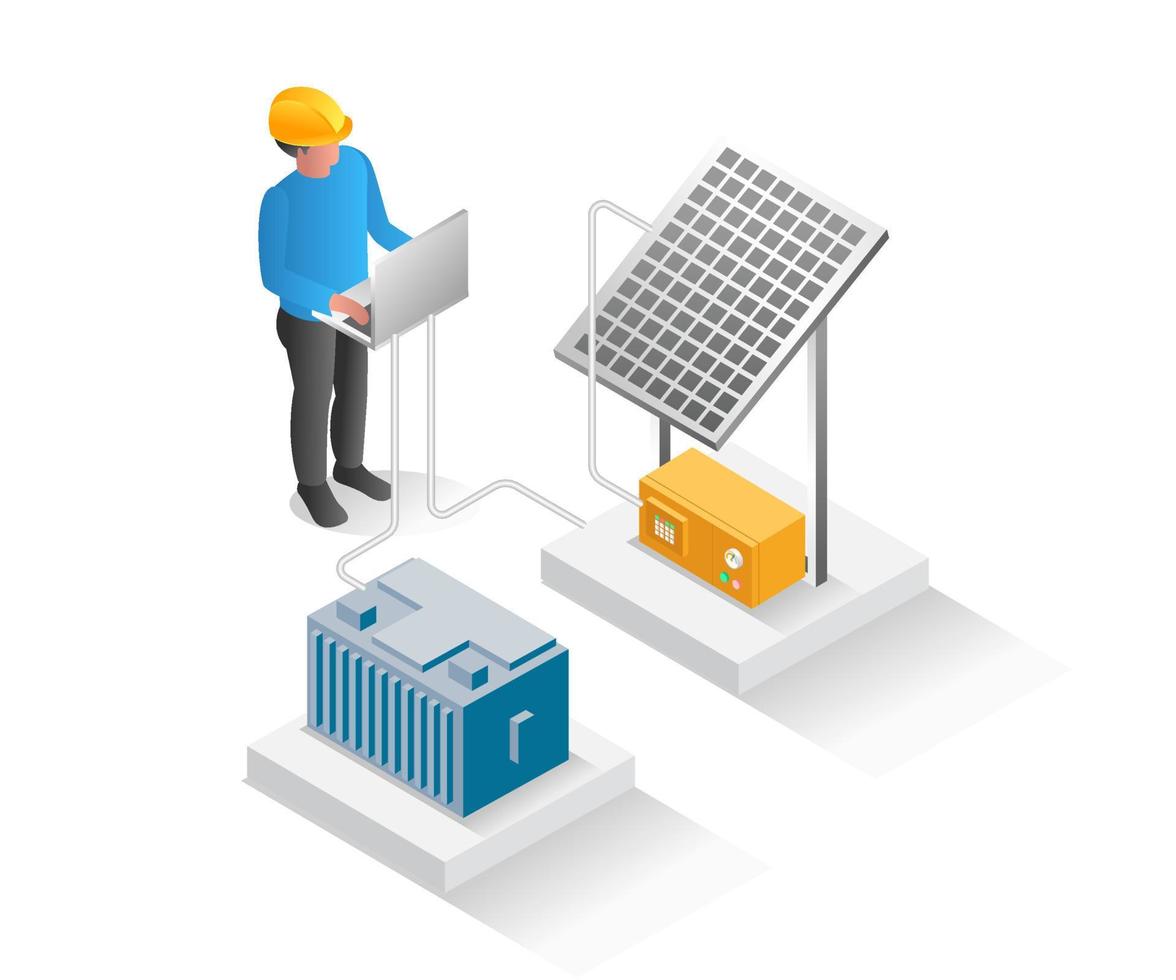 ilustración de concepto isométrico plano. tecnico instalando paneles solares vector