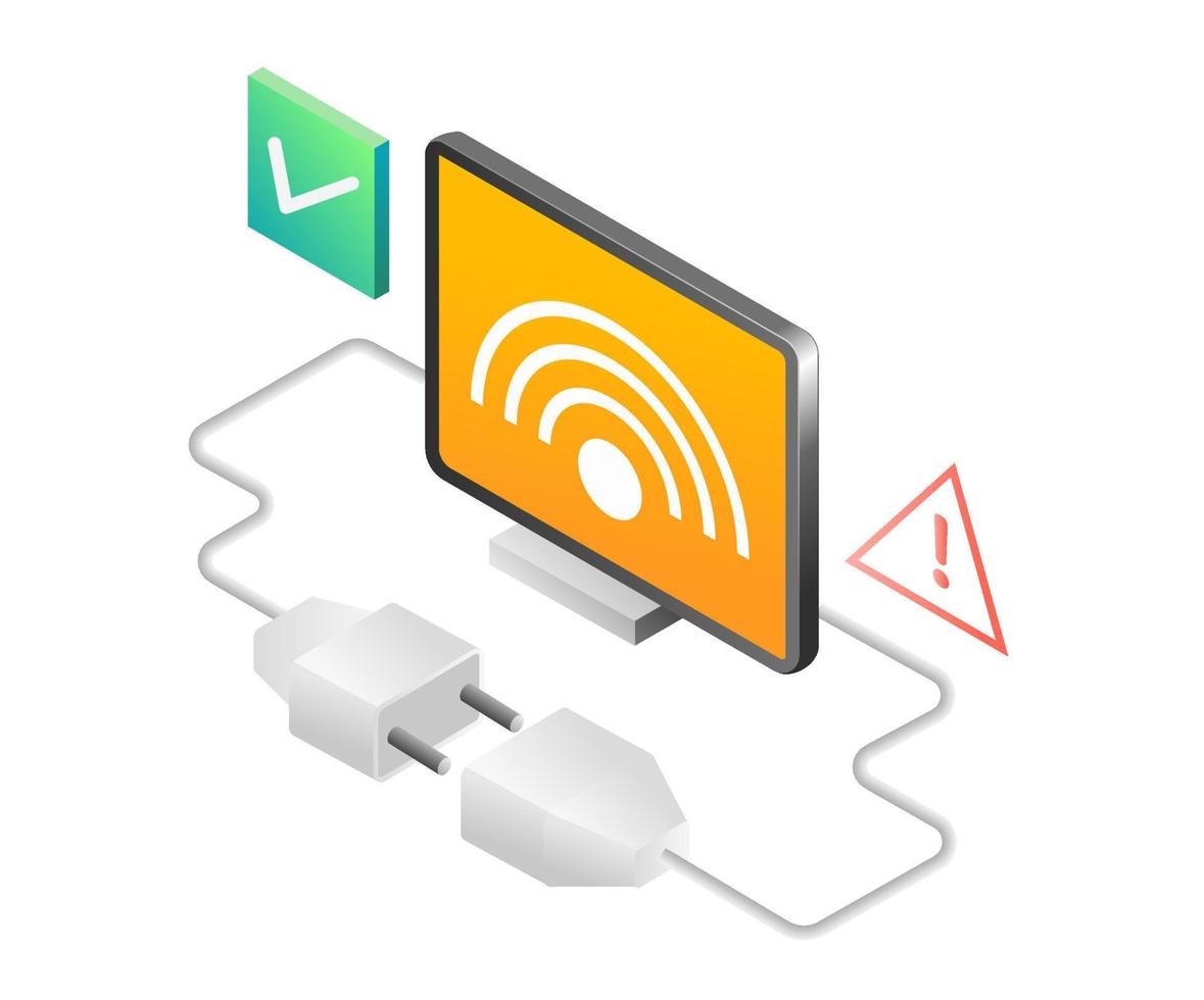 concepto de ilustración isométrica plana. problema de conexion red wifi vector