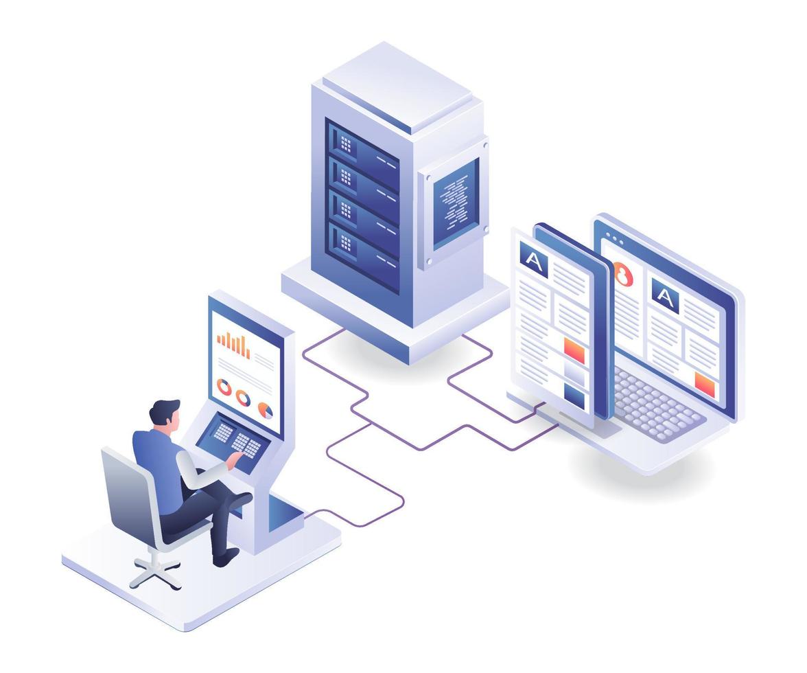 Man maintaining app data on server vector