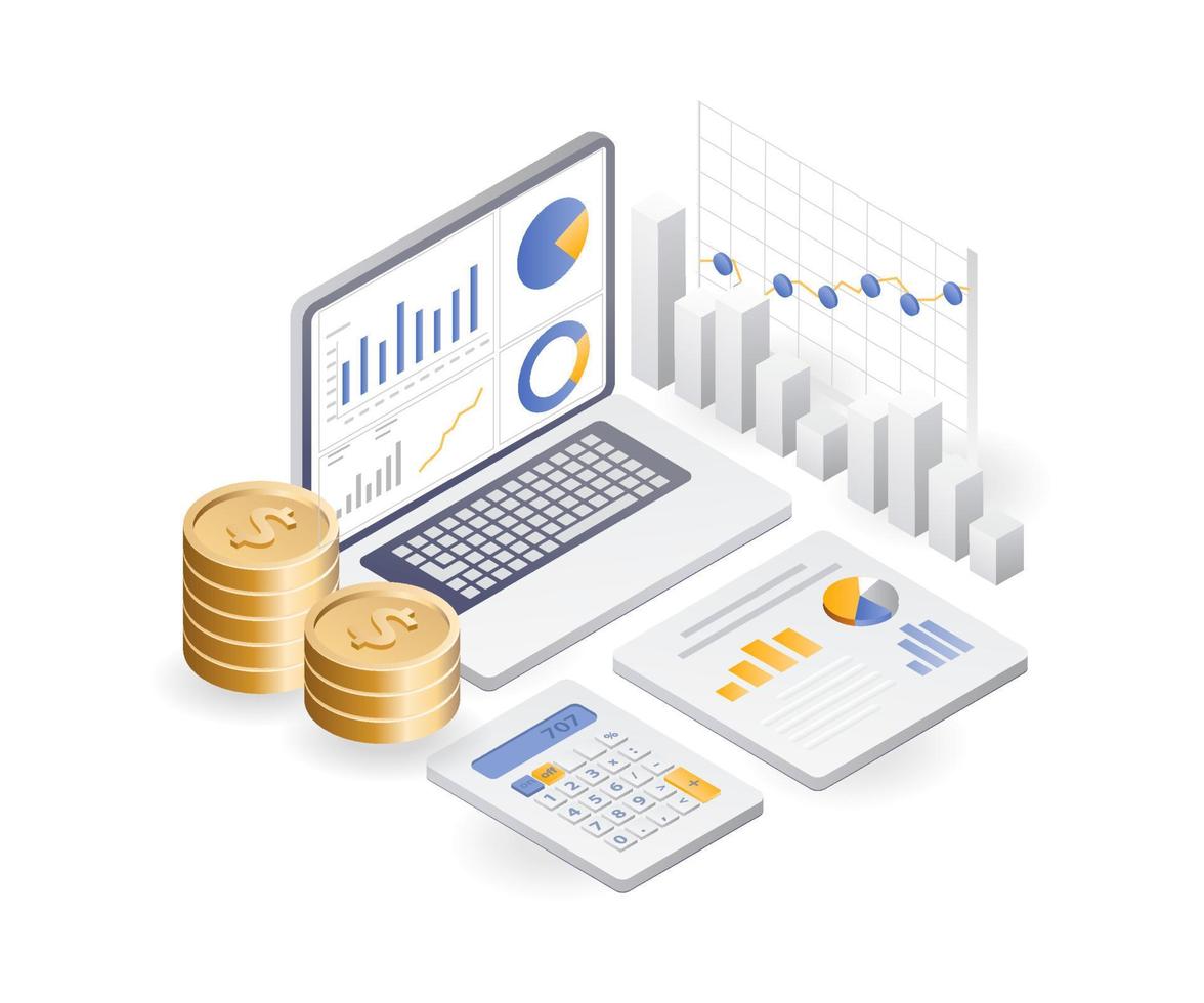 concepto de ilustración isométrica plana. análisis de datos de desarrollo comercial e ingresos vector